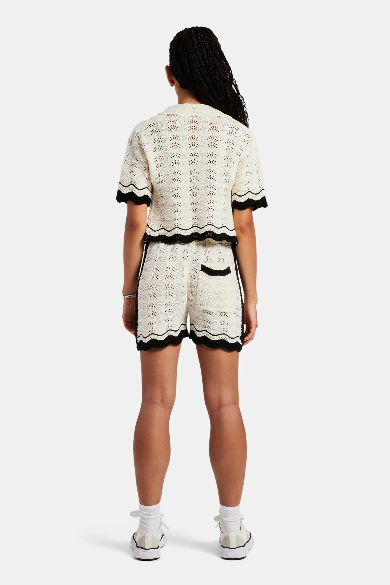 Contrast Crochet Knitted Shirt & Short Set - Off White - Image 3