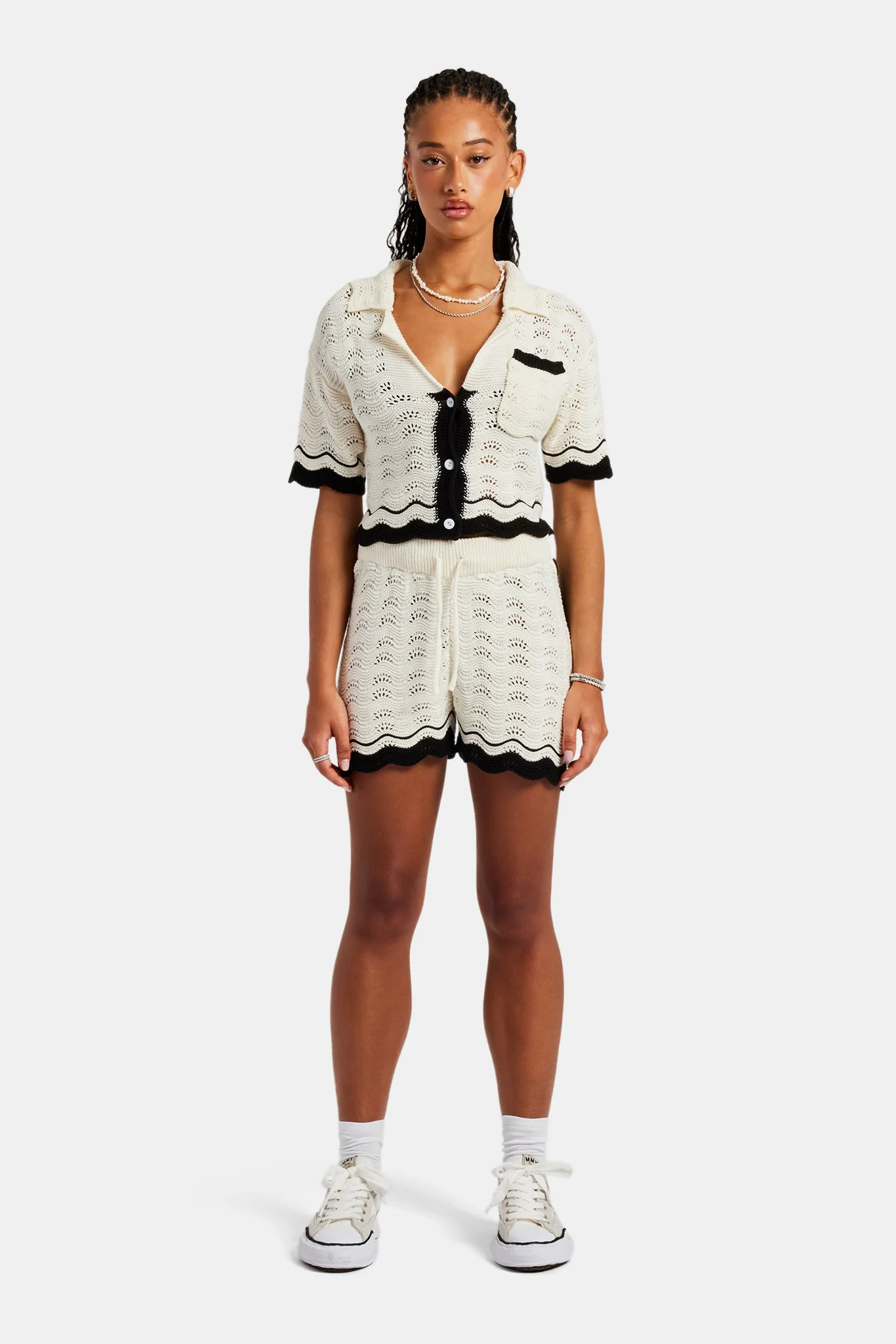 Contrast Crochet Knitted Shirt & Short Set - Off White - Image 6