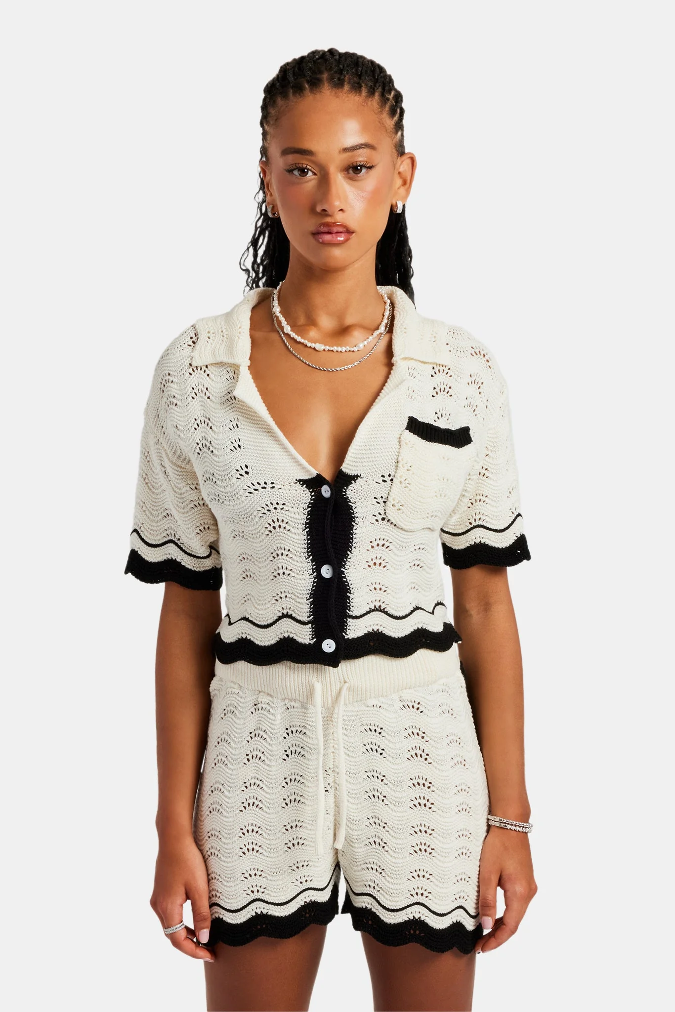 Contrast Crochet Knitted Shirt & Short Set - Off White - Image 8