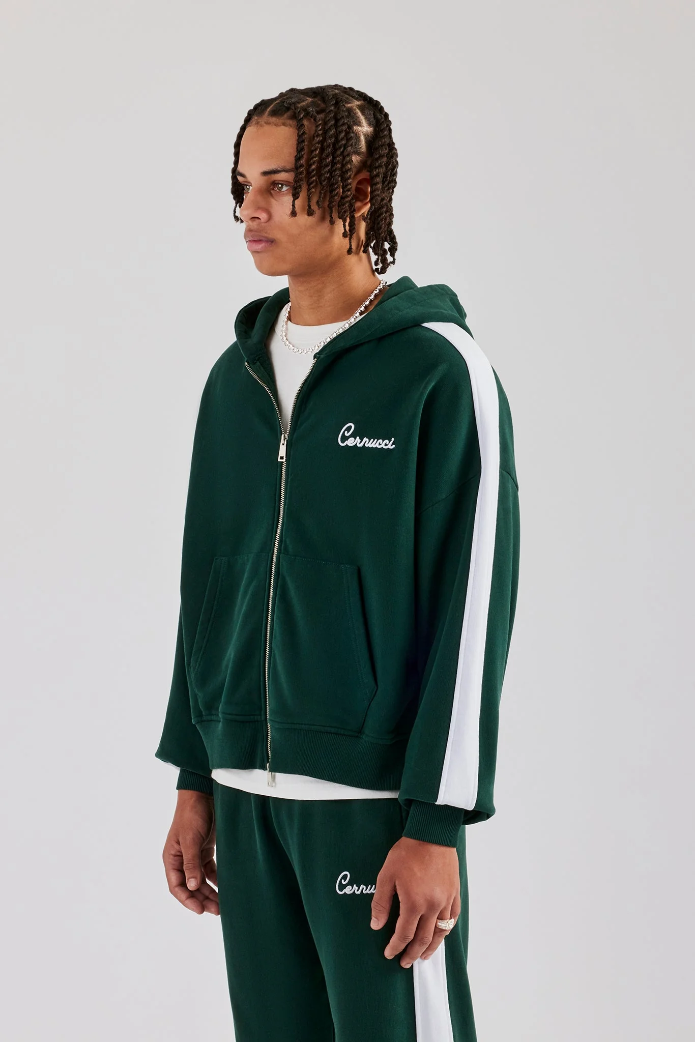 Contrast Panel Boxy Zip Through Hoodie - Forest Green - Image 3
