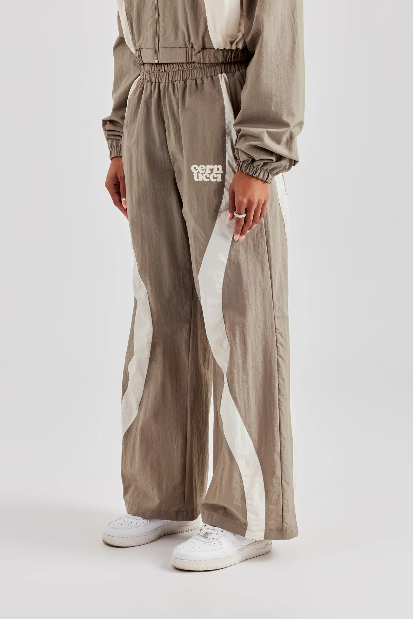 Contrast Panel Nylon Wide Leg Trouser - Khaki