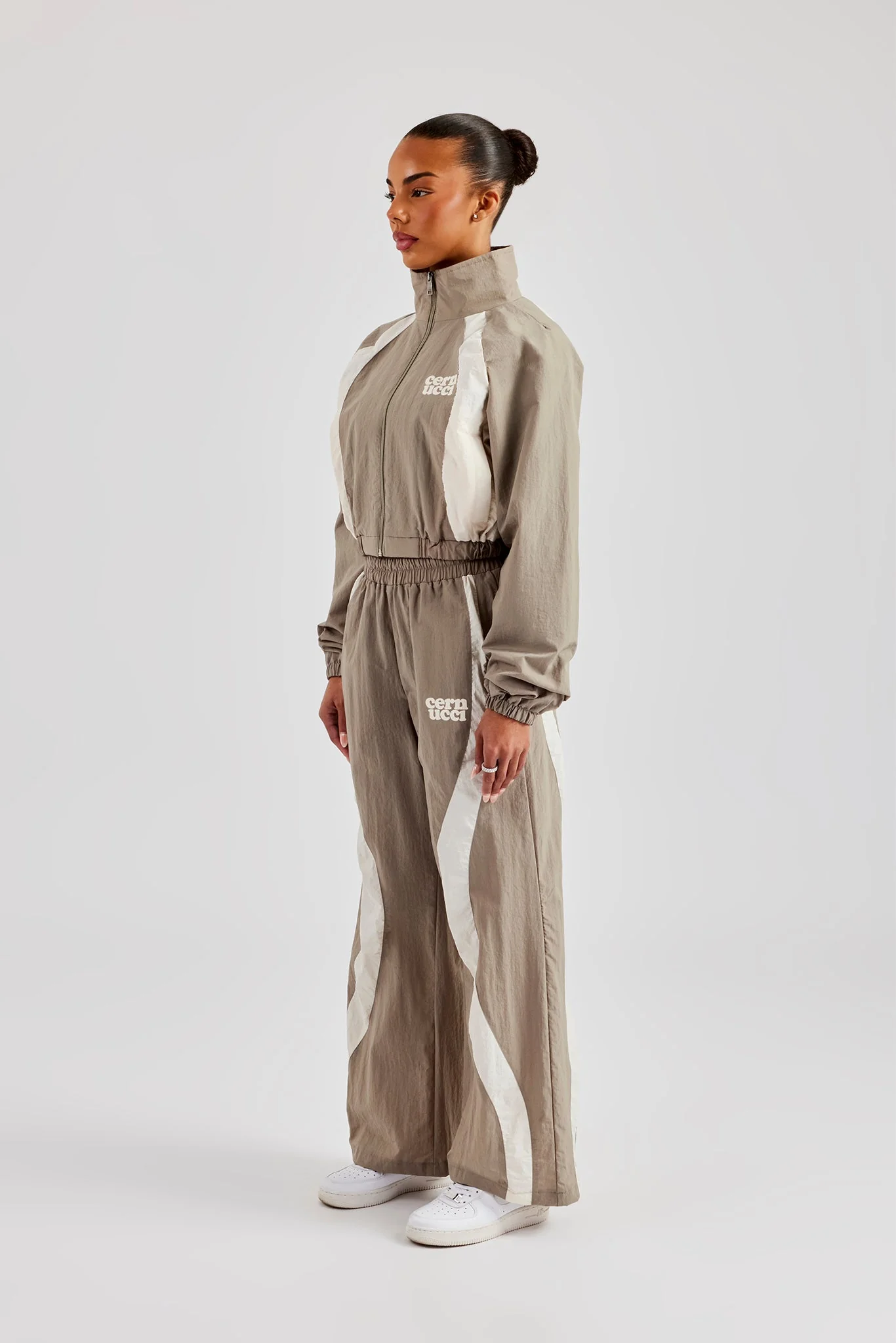 Contrast Panel Nylon Wide Leg Trouser - Khaki - Image 2