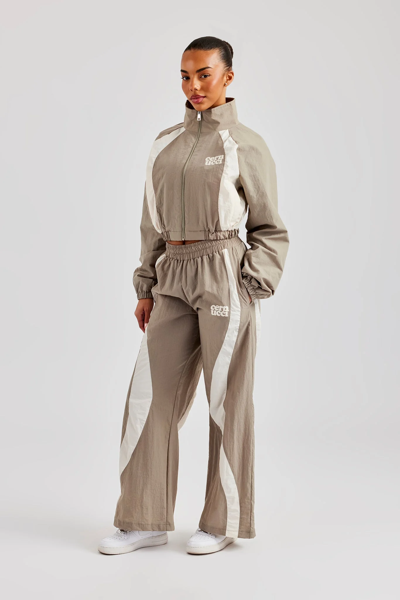 Contrast Panel Nylon Wide Leg Trouser - Khaki - Image 4