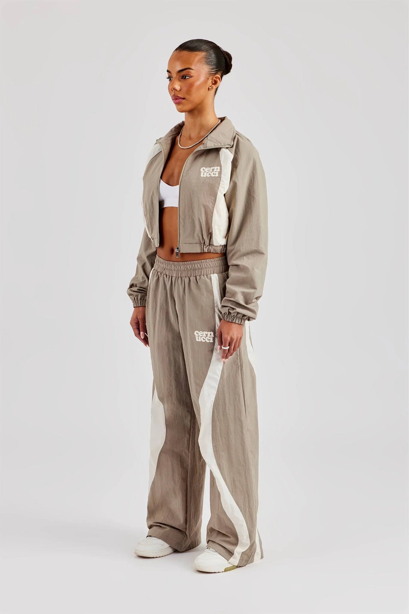 Contrast Panel Nylon Zip Through Tracksuit - Khaki - Image 3