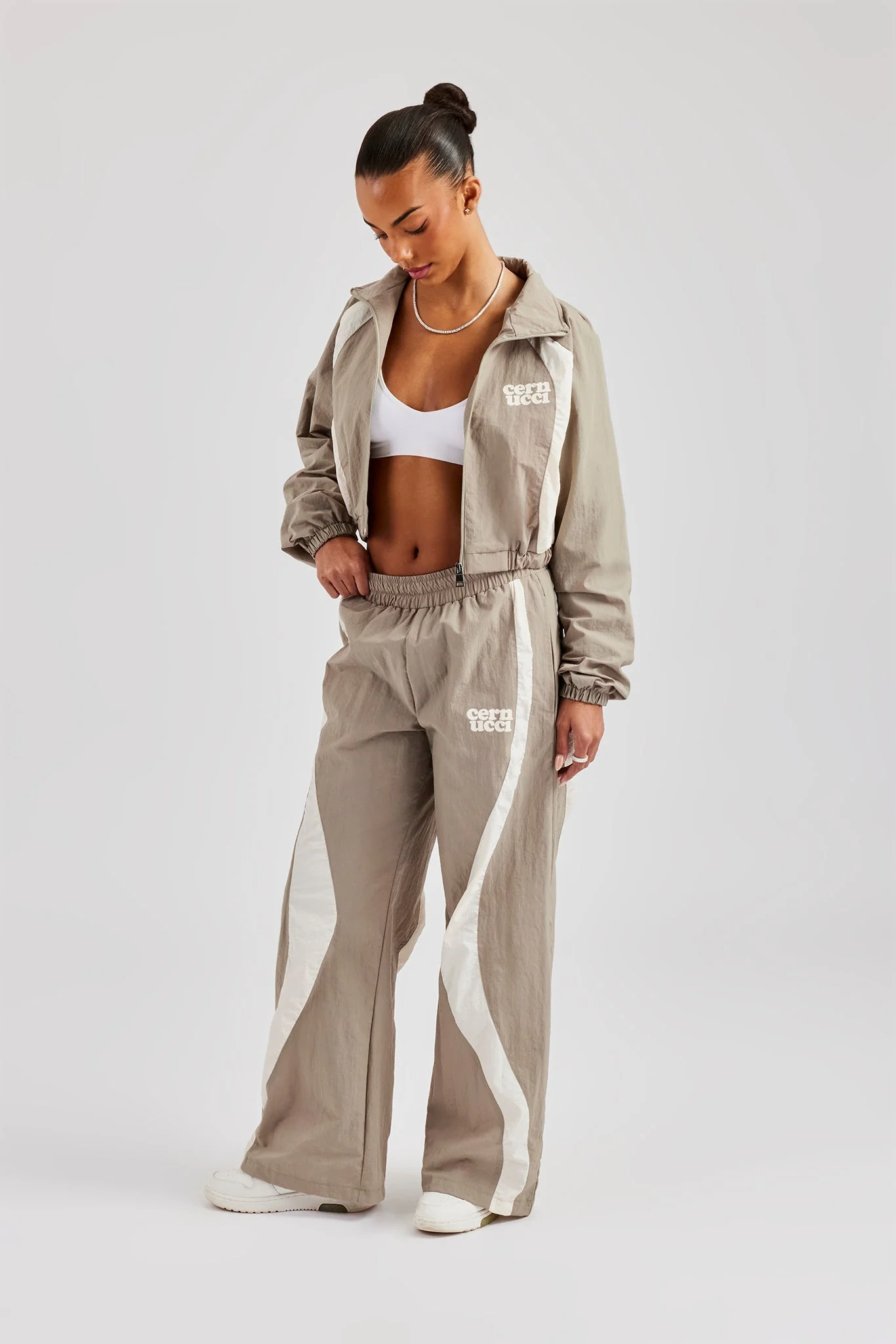 Contrast Panel Nylon Zip Through Tracksuit - Khaki - Image 4