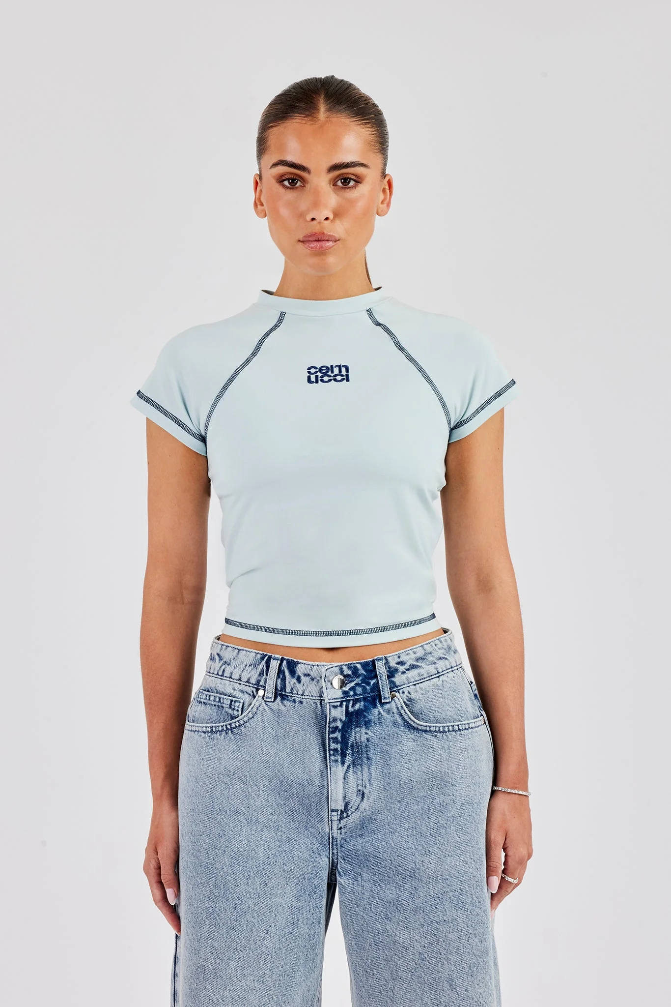 Contrast Stitch Cap Sleeve Tee - Baby Blue - Image 2
