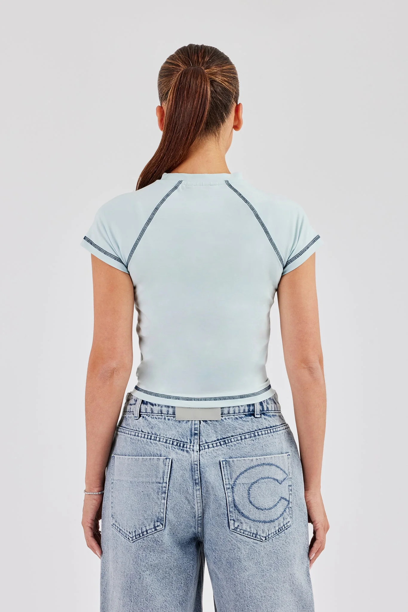 Contrast Stitch Cap Sleeve Tee - Baby Blue - Image 3