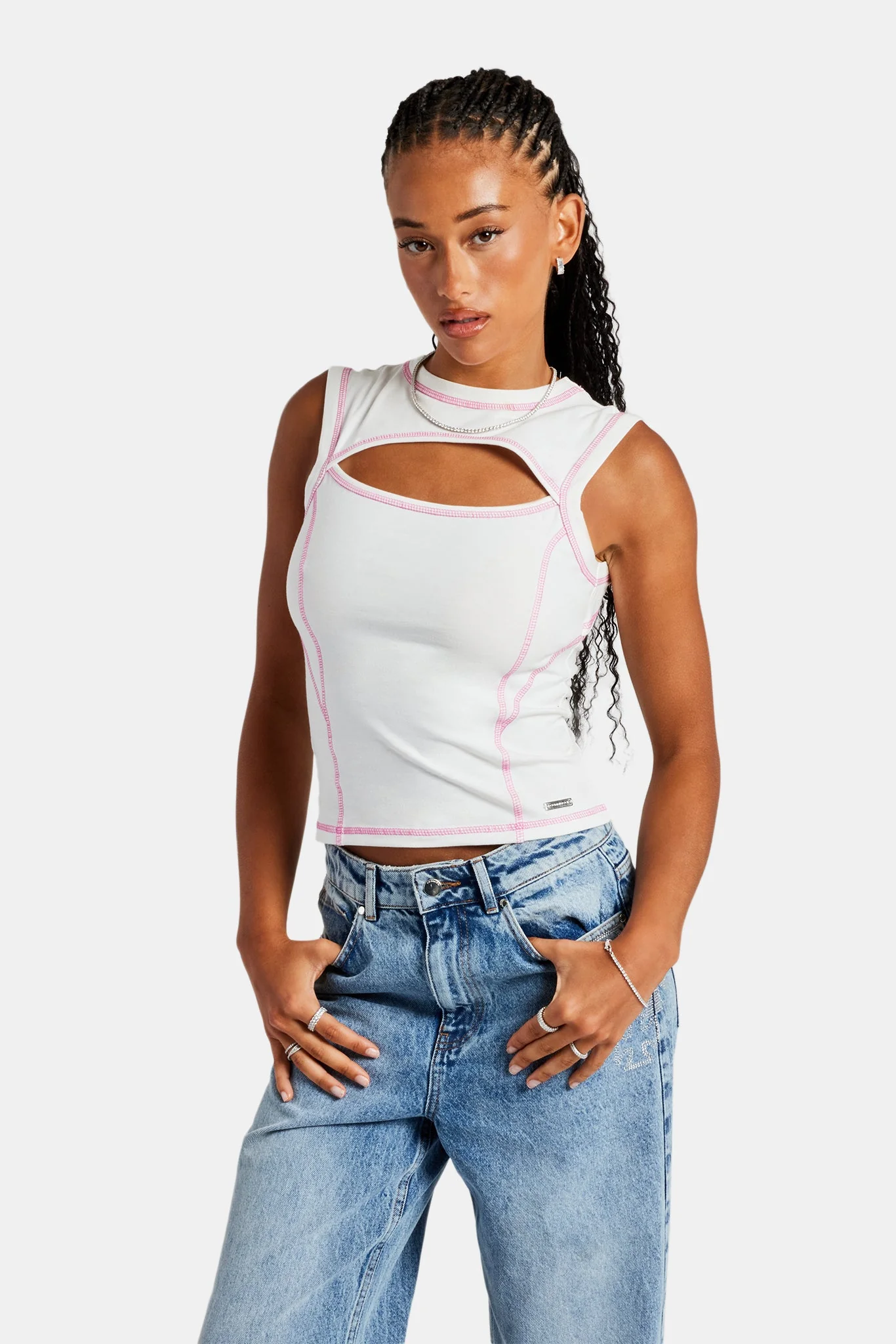 Contrast Stitch Cut Out Top - Off White - Image 4