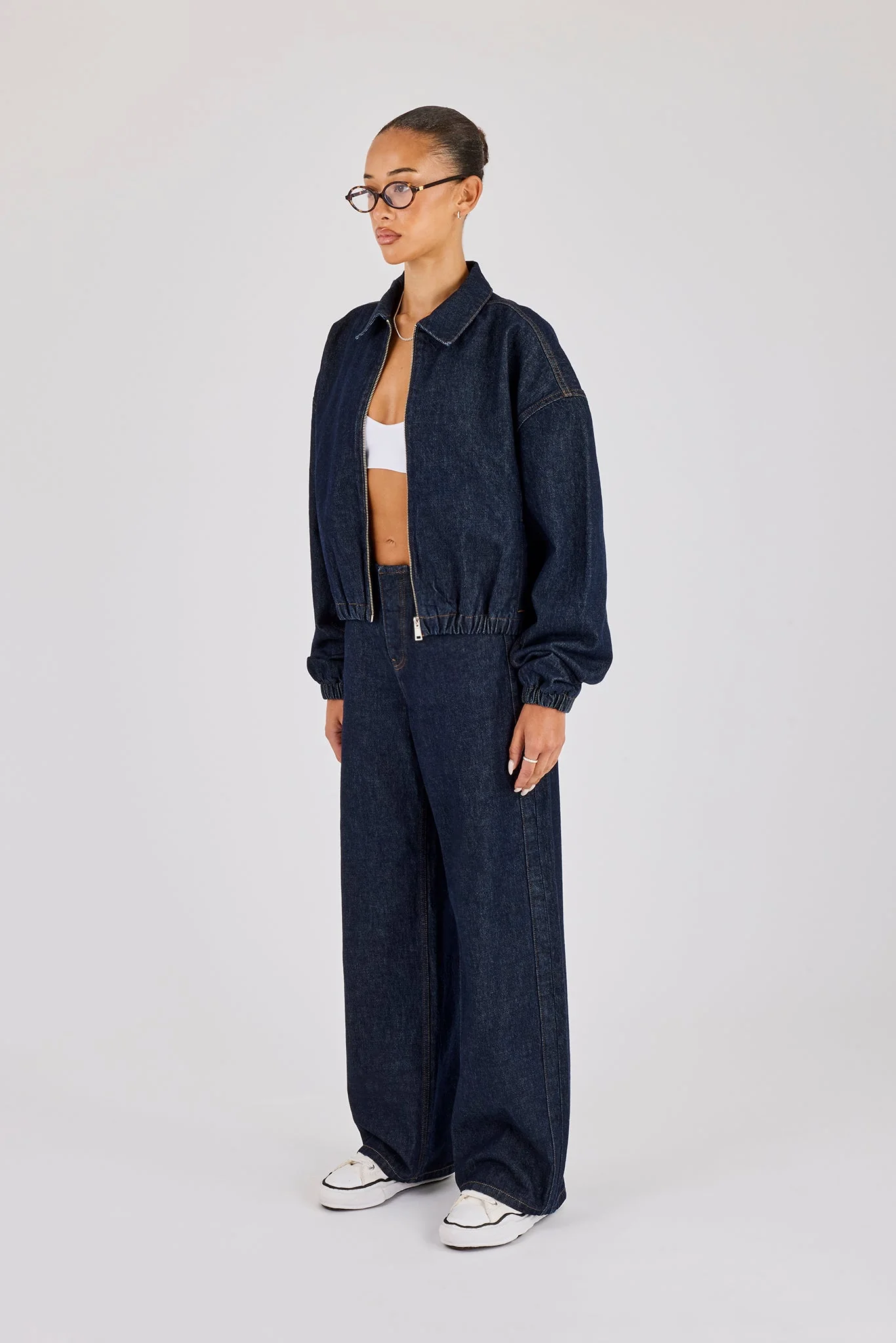Contrast Stitch Denim Collared Bomber & Denim Jean - Indigo - Image 2