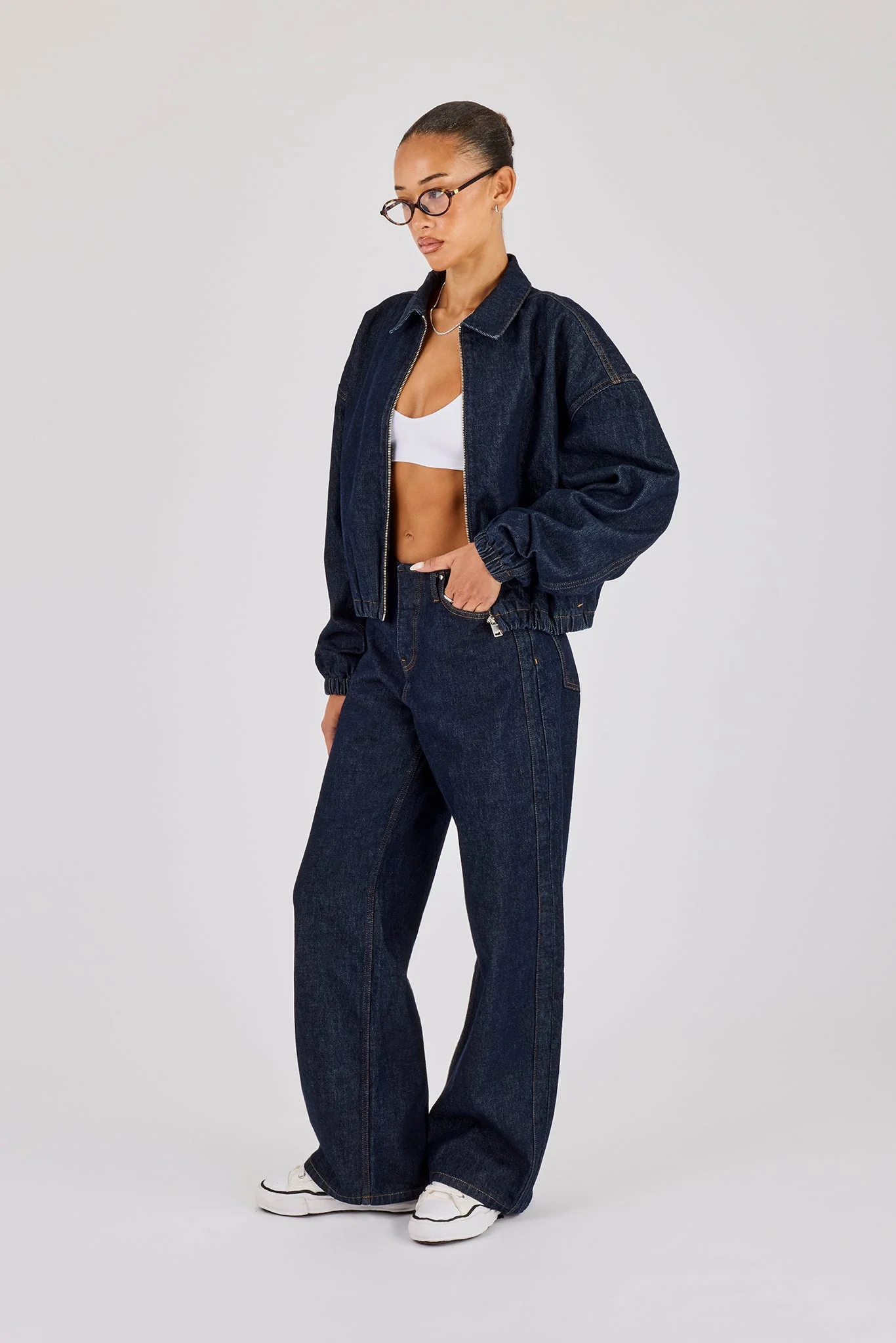 Contrast Stitch Denim Collared Bomber & Denim Jean - Indigo - Image 3
