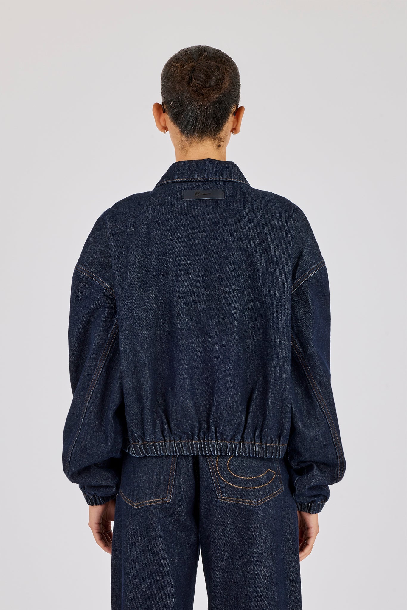 Contrast Stitch Denim Collared Bomber - Indigo - Image 3