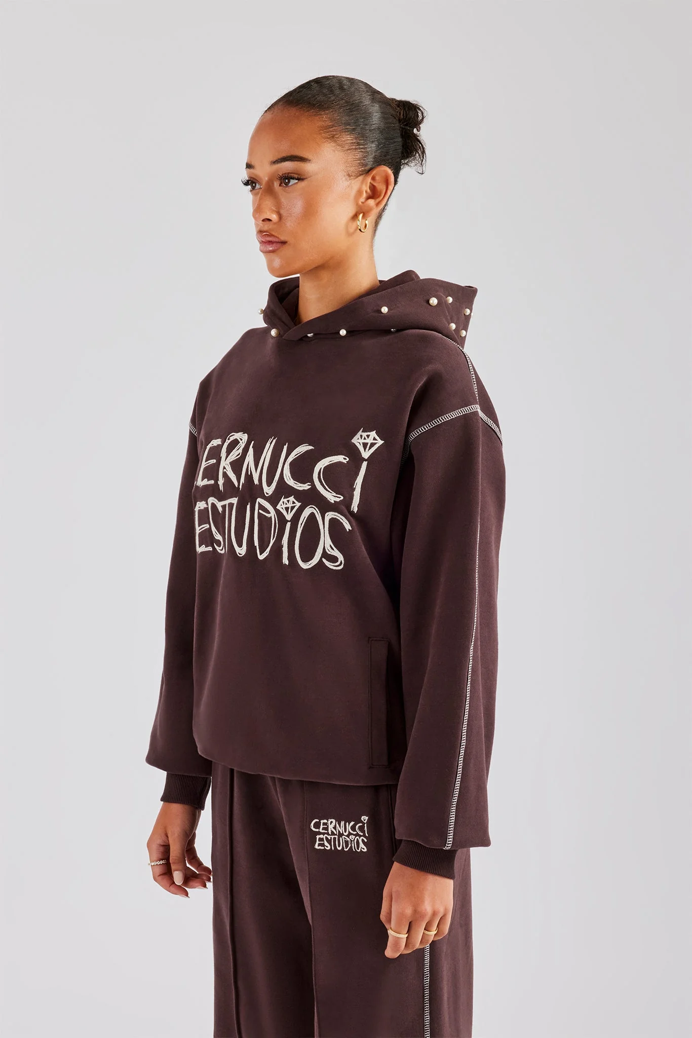 Contrast Stitch Pearl Hoodie - Chocolate - Image 2