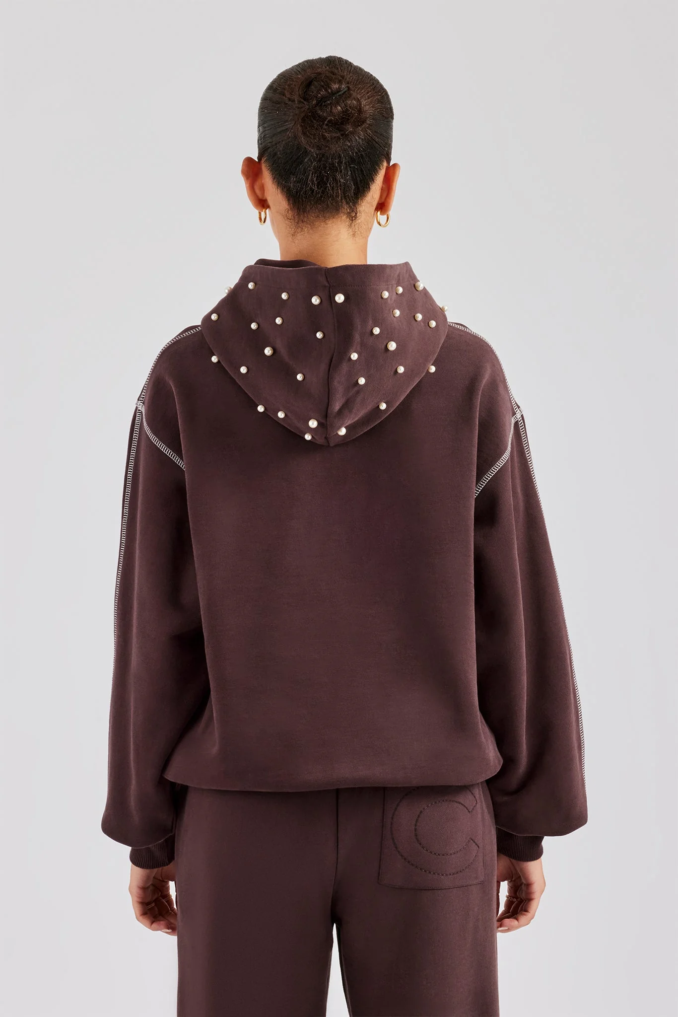 Contrast Stitch Pearl Hoodie - Chocolate - Image 5