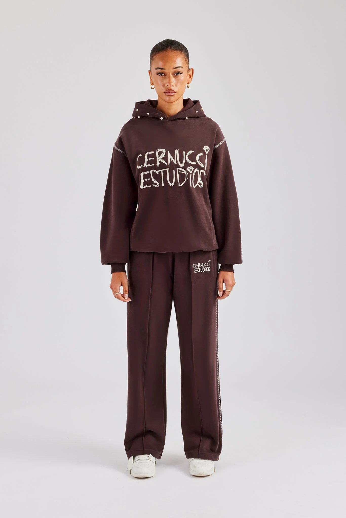 Contrast Stitch Pearl Tracksuit - Chocolate - Image 2