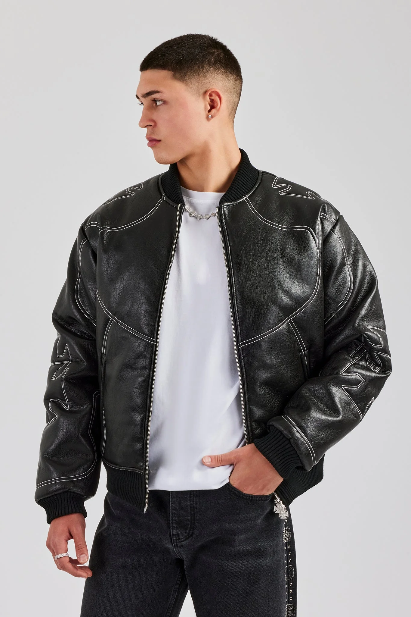 Contrast Stitch PU Bomber Jacket - Image 2