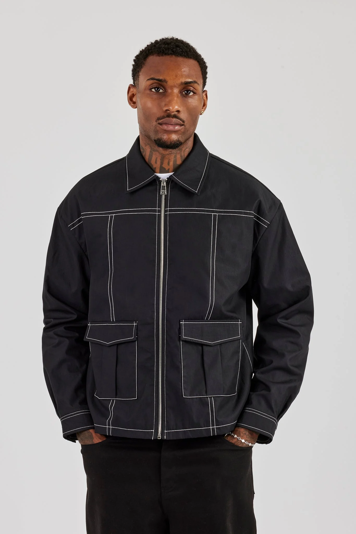 Contrast Stitch Utility Jacket - Black - Image 3