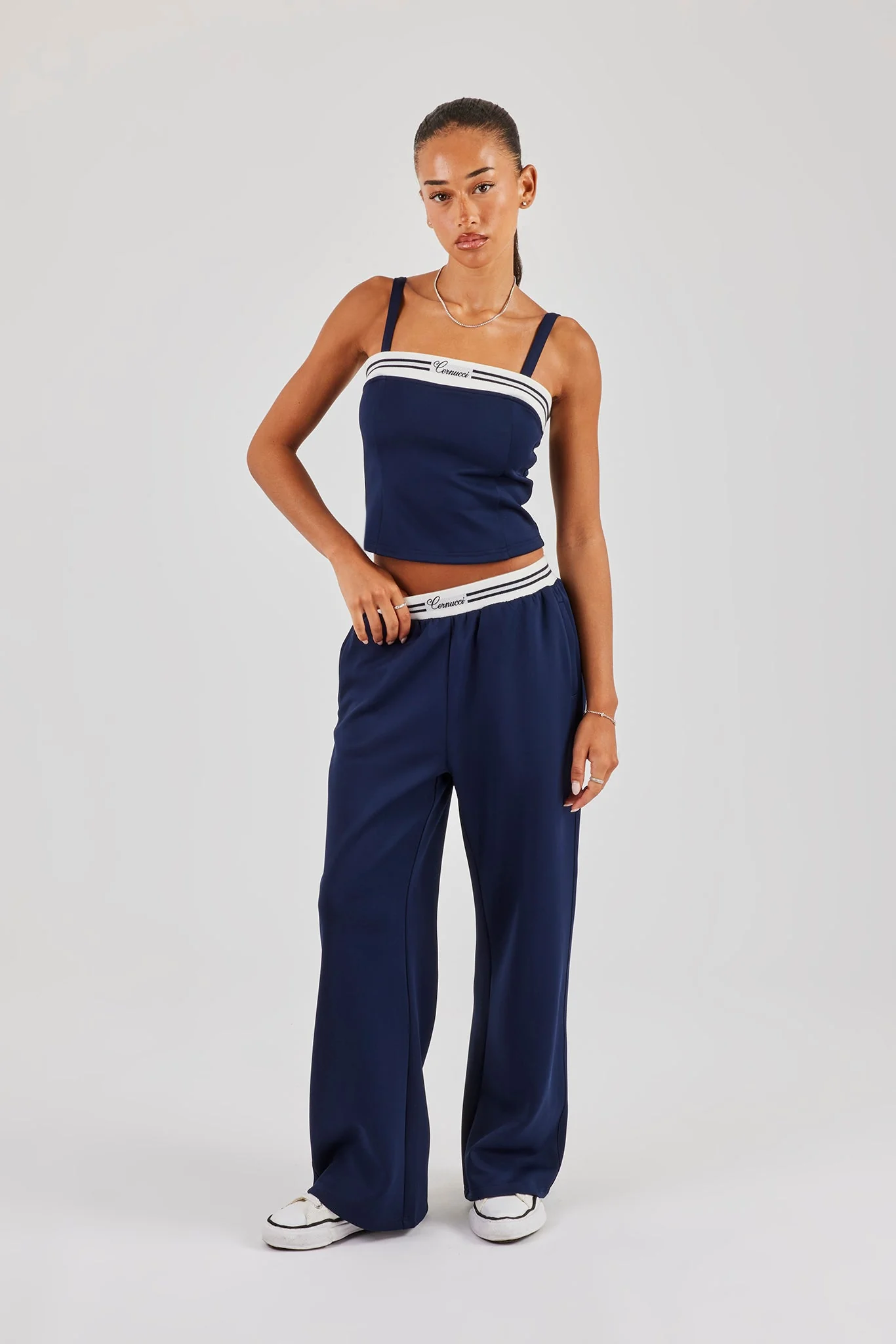 Contrast Waist Wide Leg Trouser - Navy Blue - Image 2