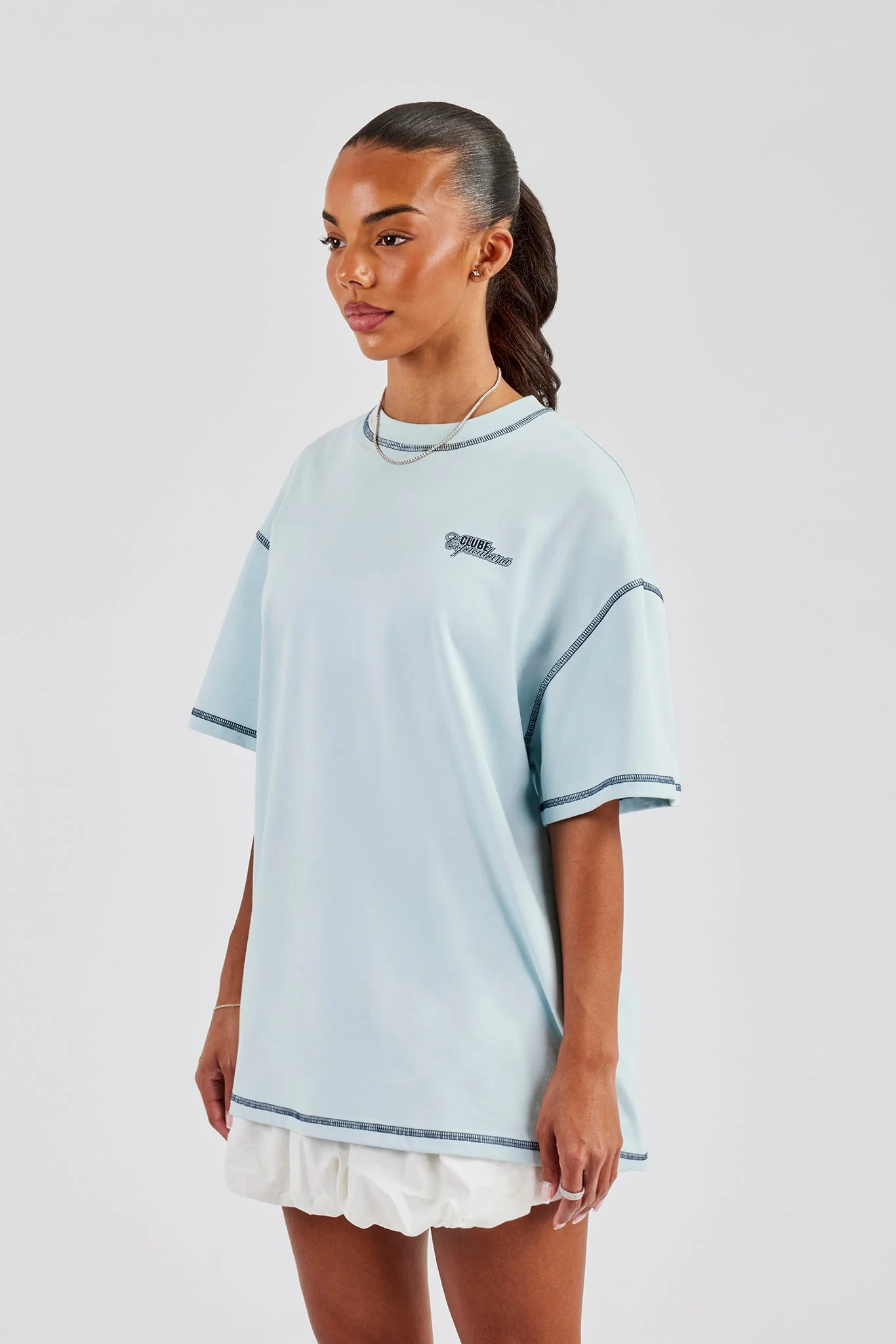 Copacabana Contrast Stitch Oversized T-Shirt - Baby Blue - Image 2