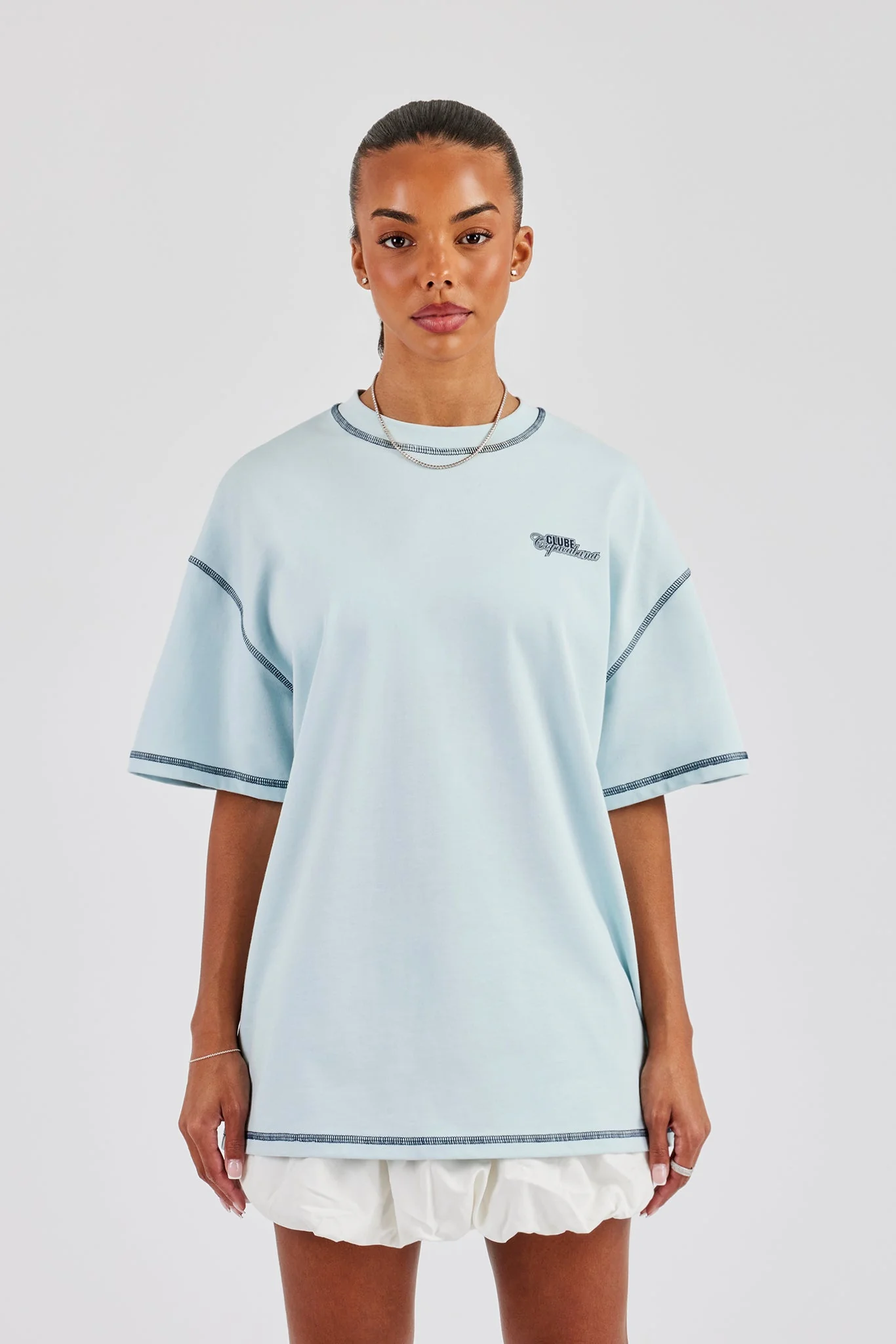 Copacabana Contrast Stitch Oversized T-Shirt - Baby Blue - Image 4