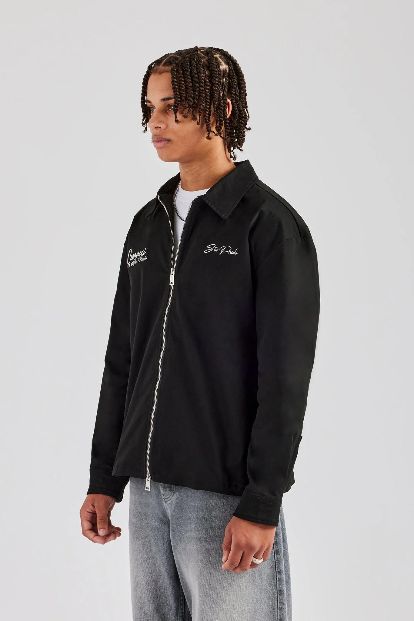 Cotton Zip Up Embroidered Shirt - Black - Image 2