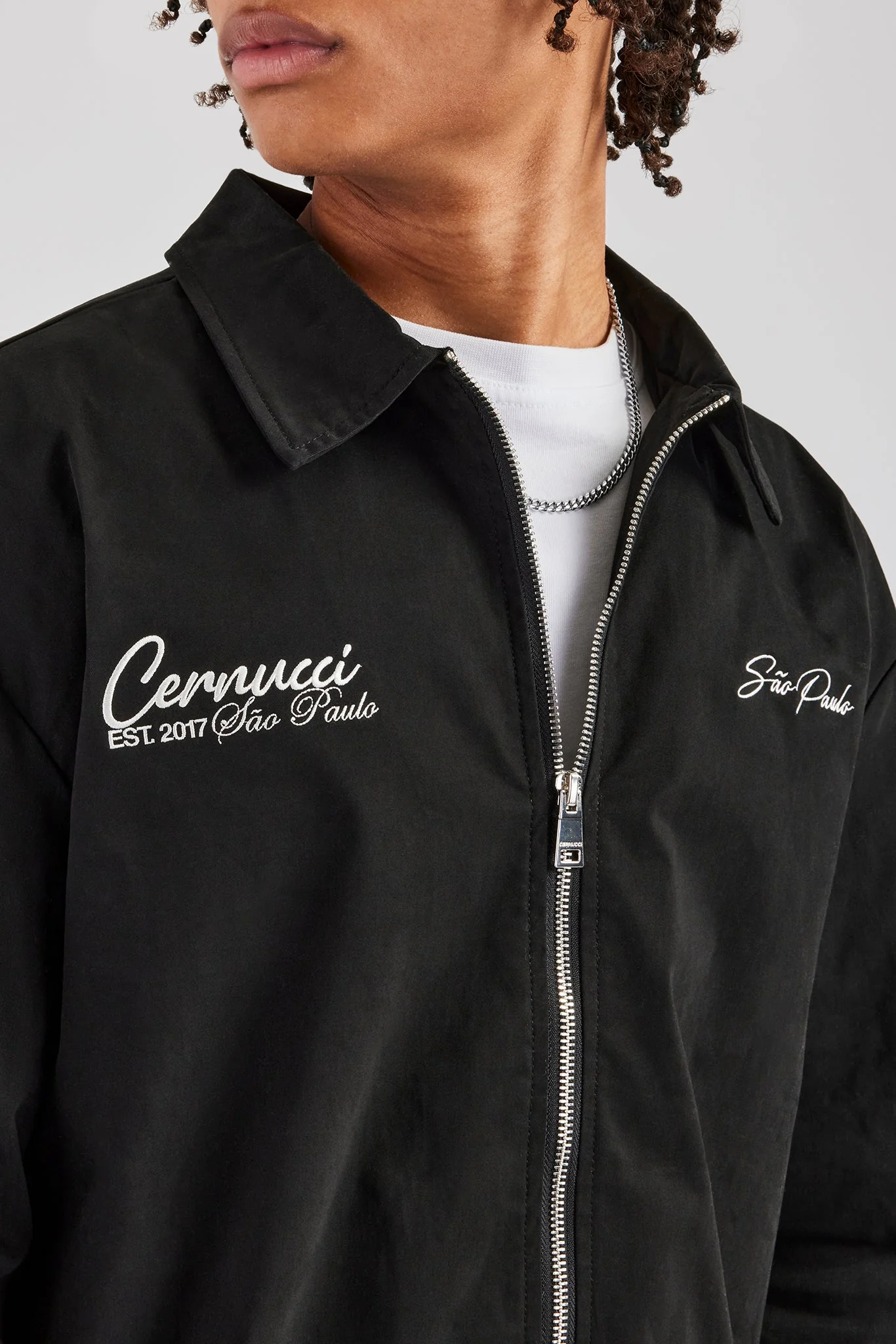 Cotton Zip Up Embroidered Shirt - Black - Image 4