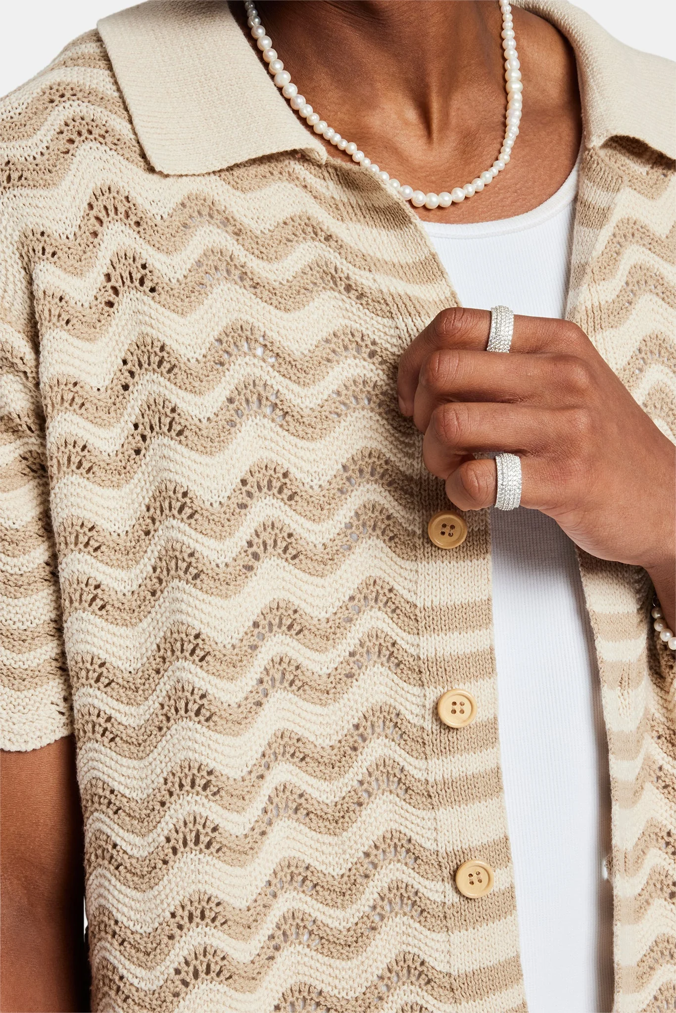 Crochet Knitted Embroidered Shirt - Beige - Image 2