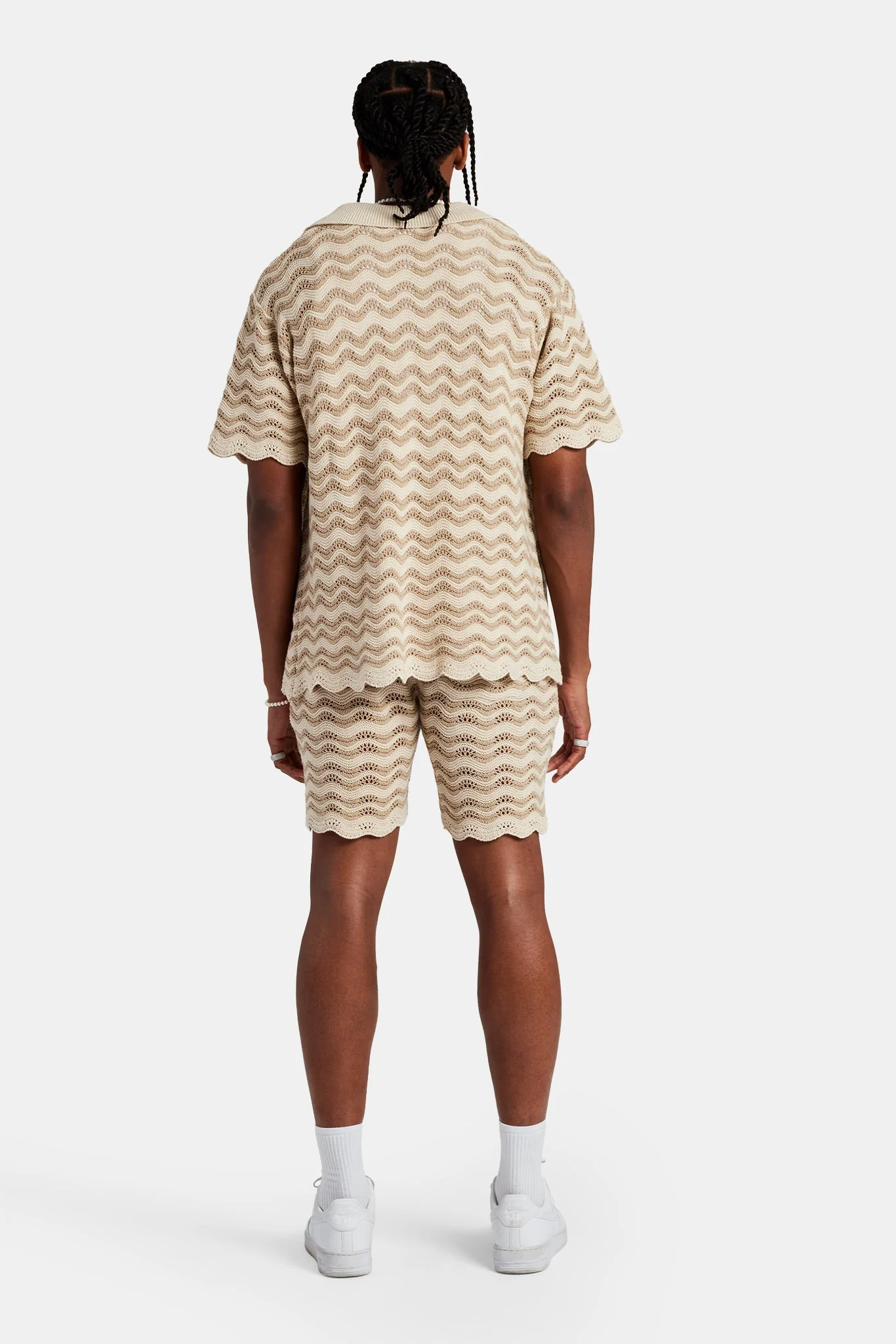 Crochet Knitted Embroidered Shirt & Short Set - Beige - Image 3
