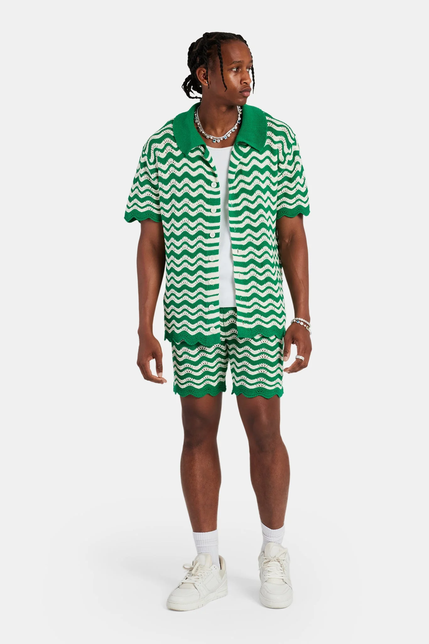 Crochet Knitted Embroidered Shirt & Short Set - Green - Image 3