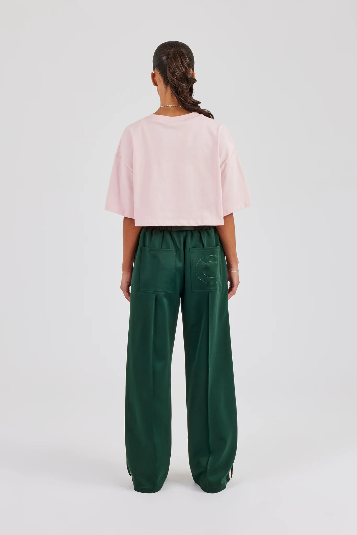 Cropped Embroidered T-Shirt & Taping Wide Leg Track Pant - Pink & Green - Image 3