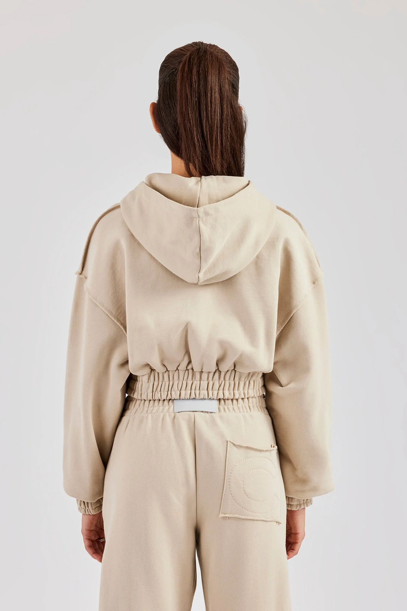Cropped Exposed Seam  Zip Through Hoodie - Stone - Image 3