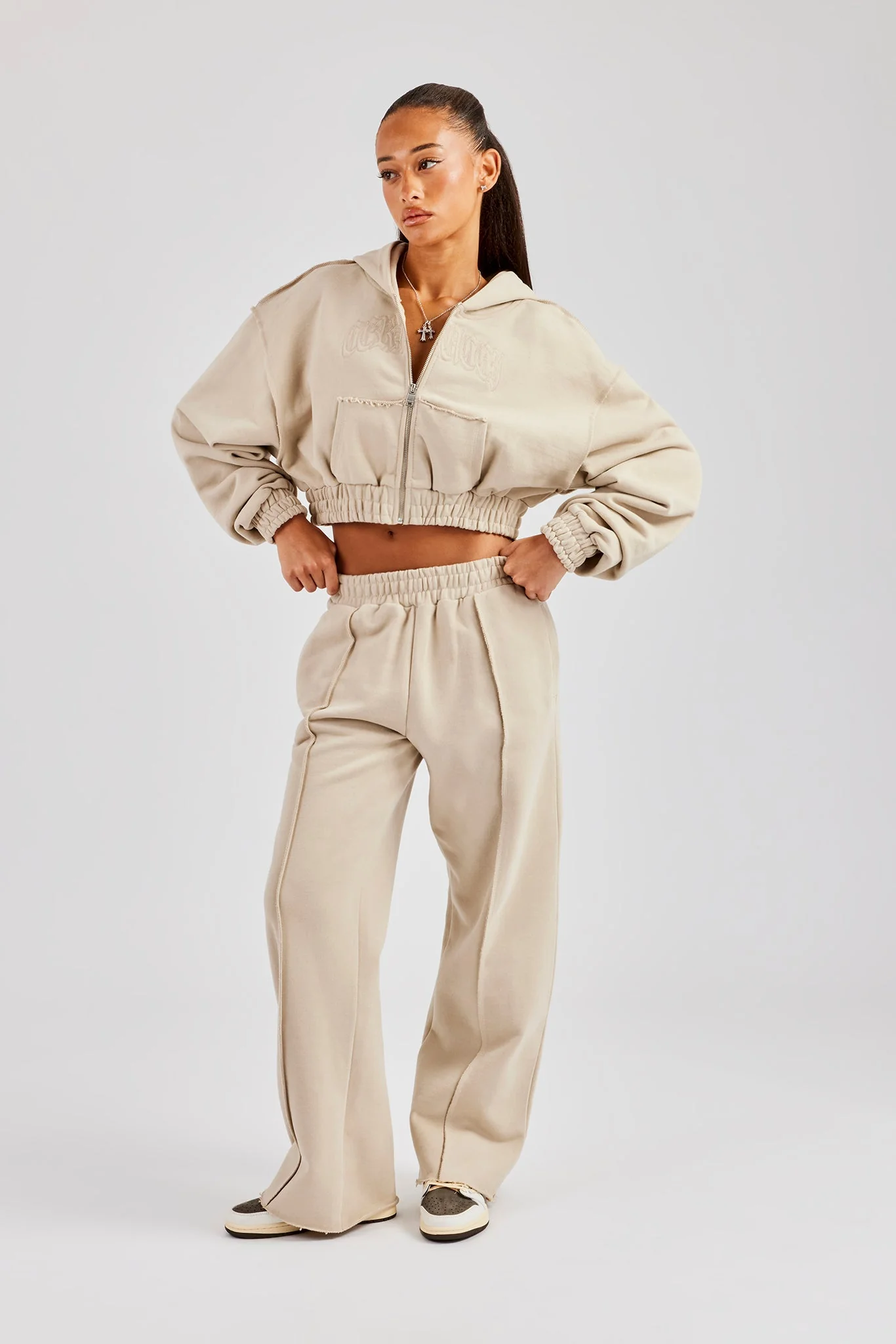 Cropped Exposed Seam  Zip Through Hoodie - Stone - Image 4