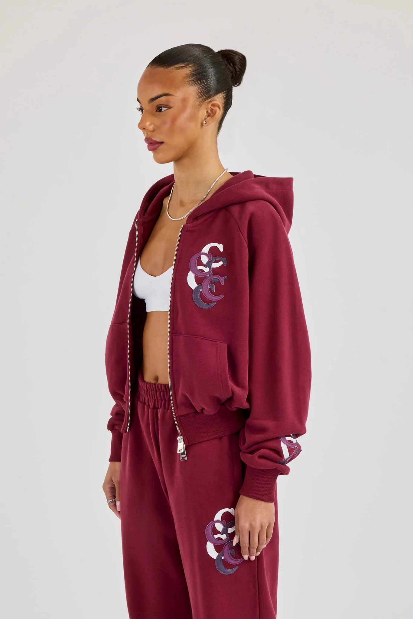 Cropped Layered Applique Zip Hoodie - Burgundy - Image 2