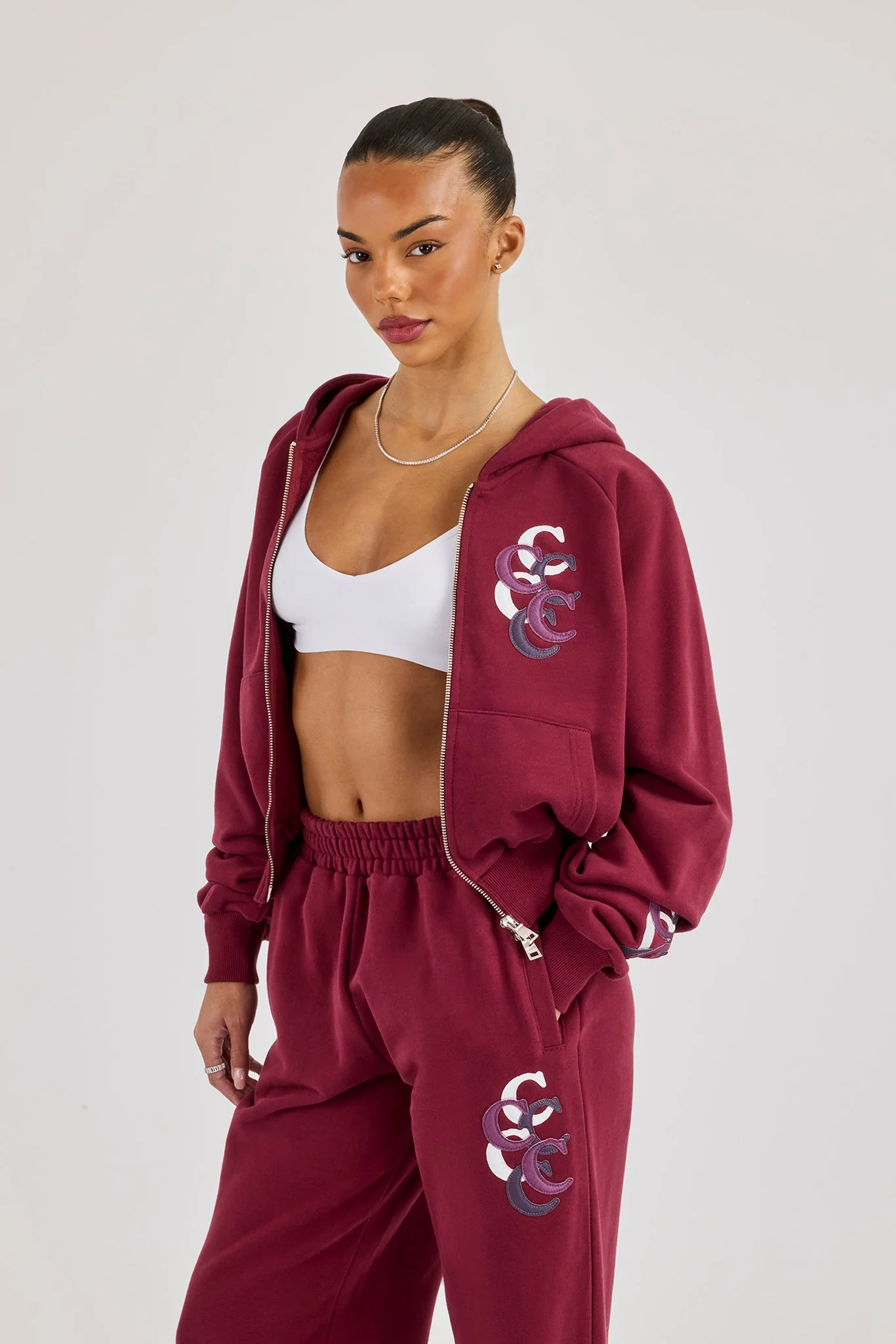 Cropped Layered Applique Zip Hoodie - Burgundy - Image 3