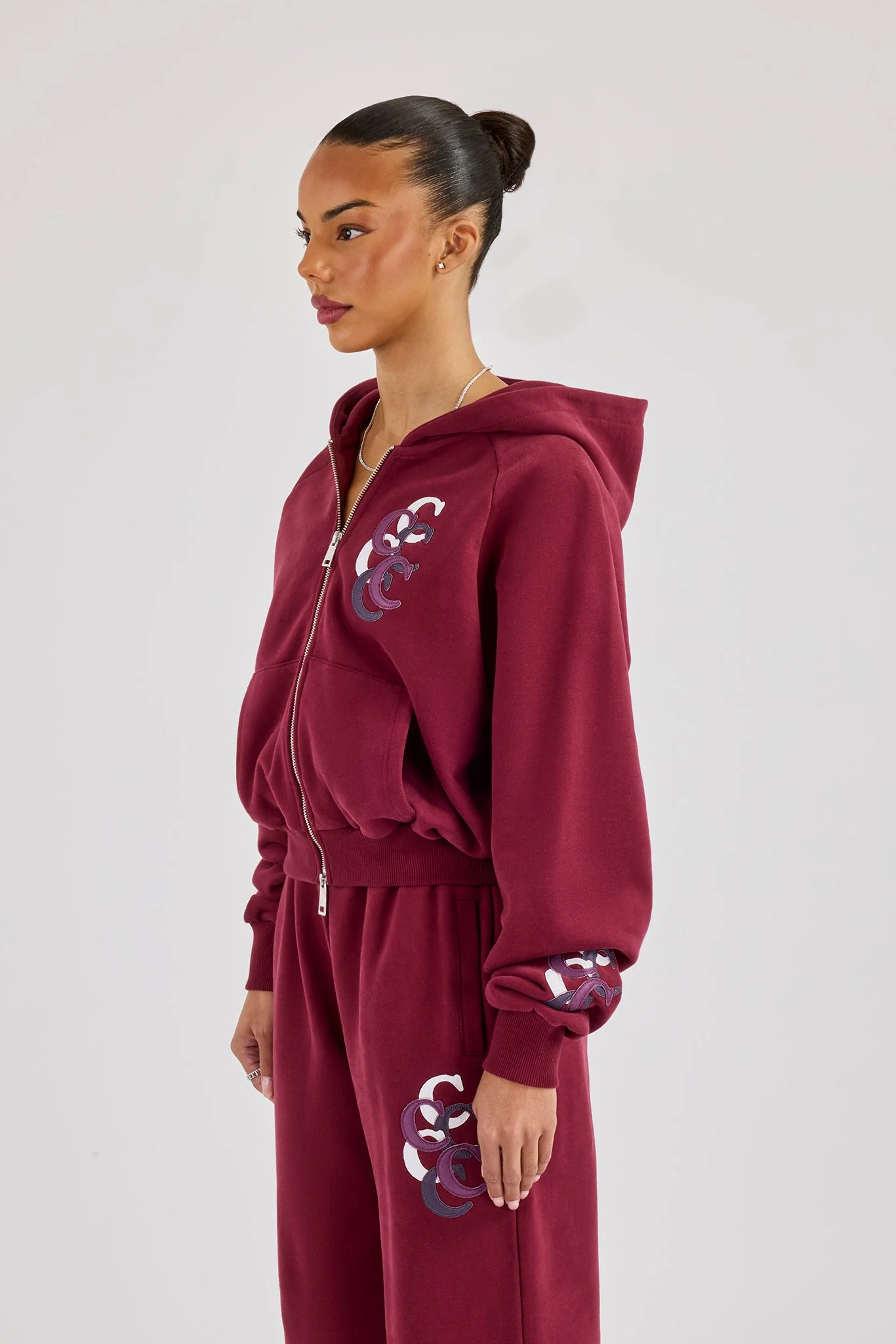Cropped Layered Applique Zip Hoodie - Burgundy - Image 4