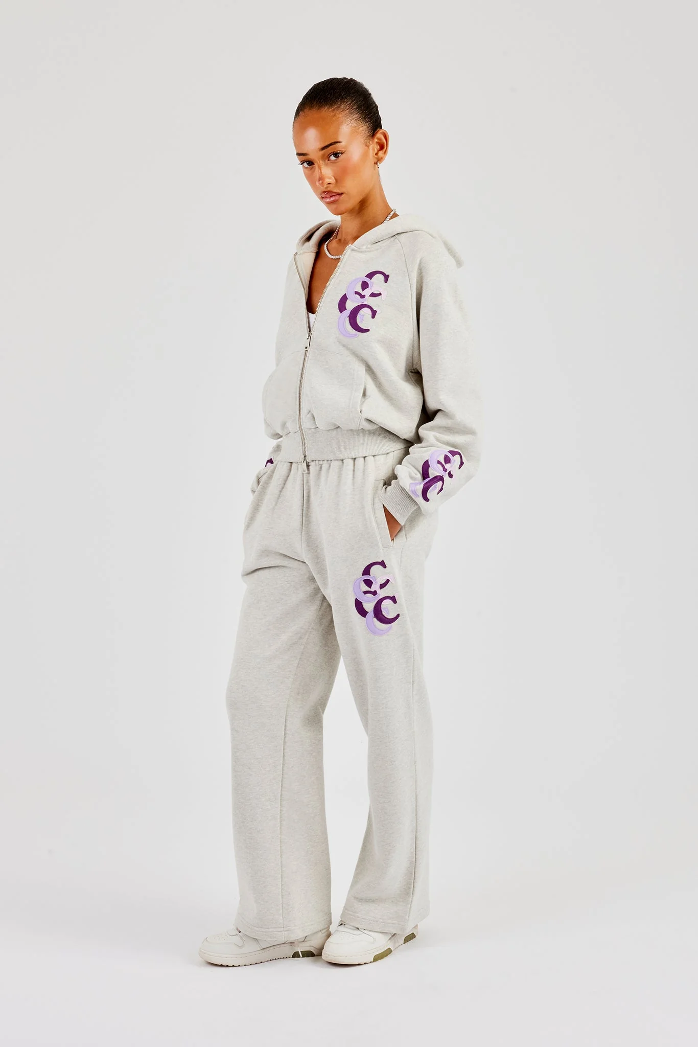 Cropped Layered Applique Zip Hoodie & Wide Leg Jogger - Ash Grey - Image 2