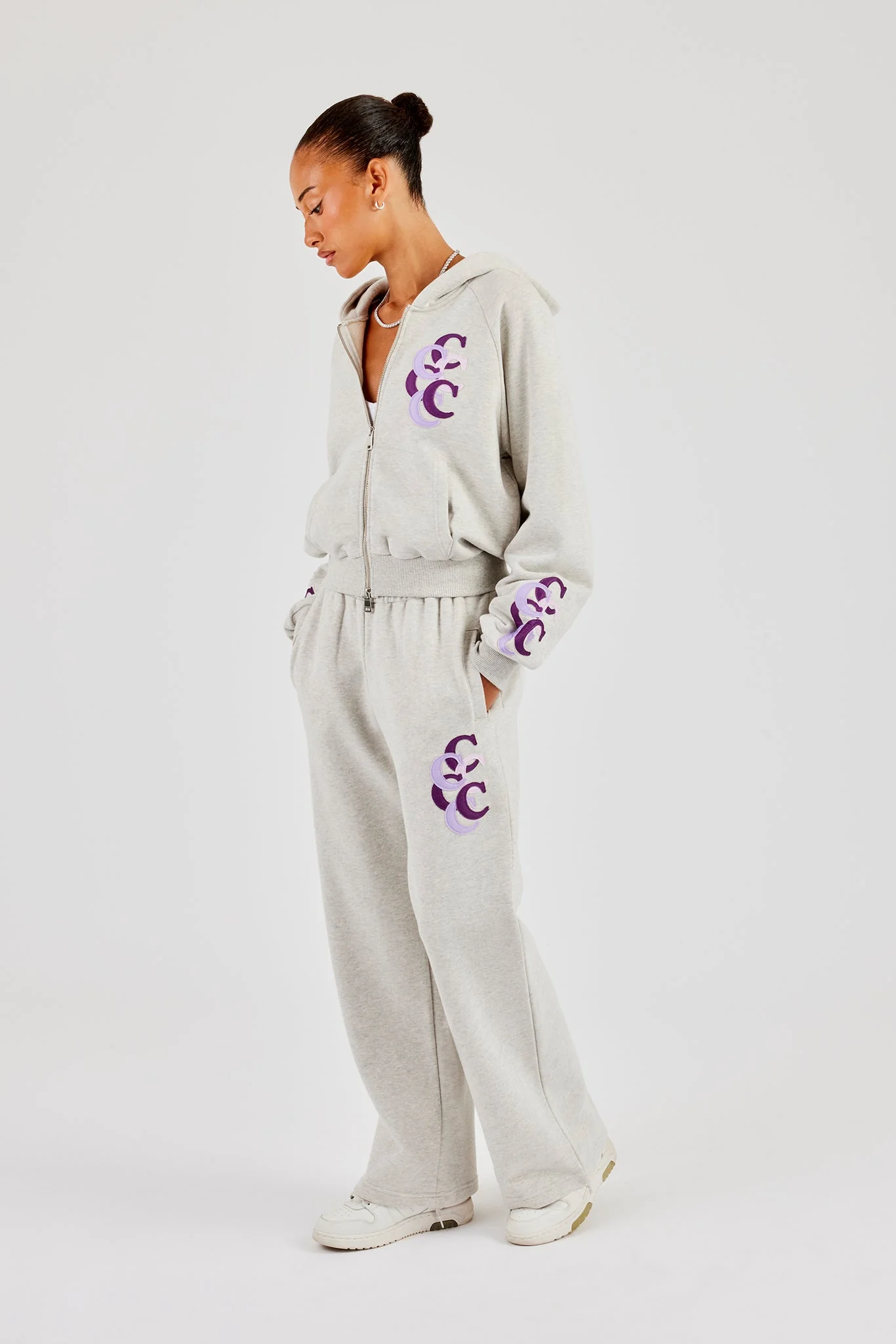 Cropped Layered Applique Zip Hoodie & Wide Leg Jogger - Ash Grey - Image 4