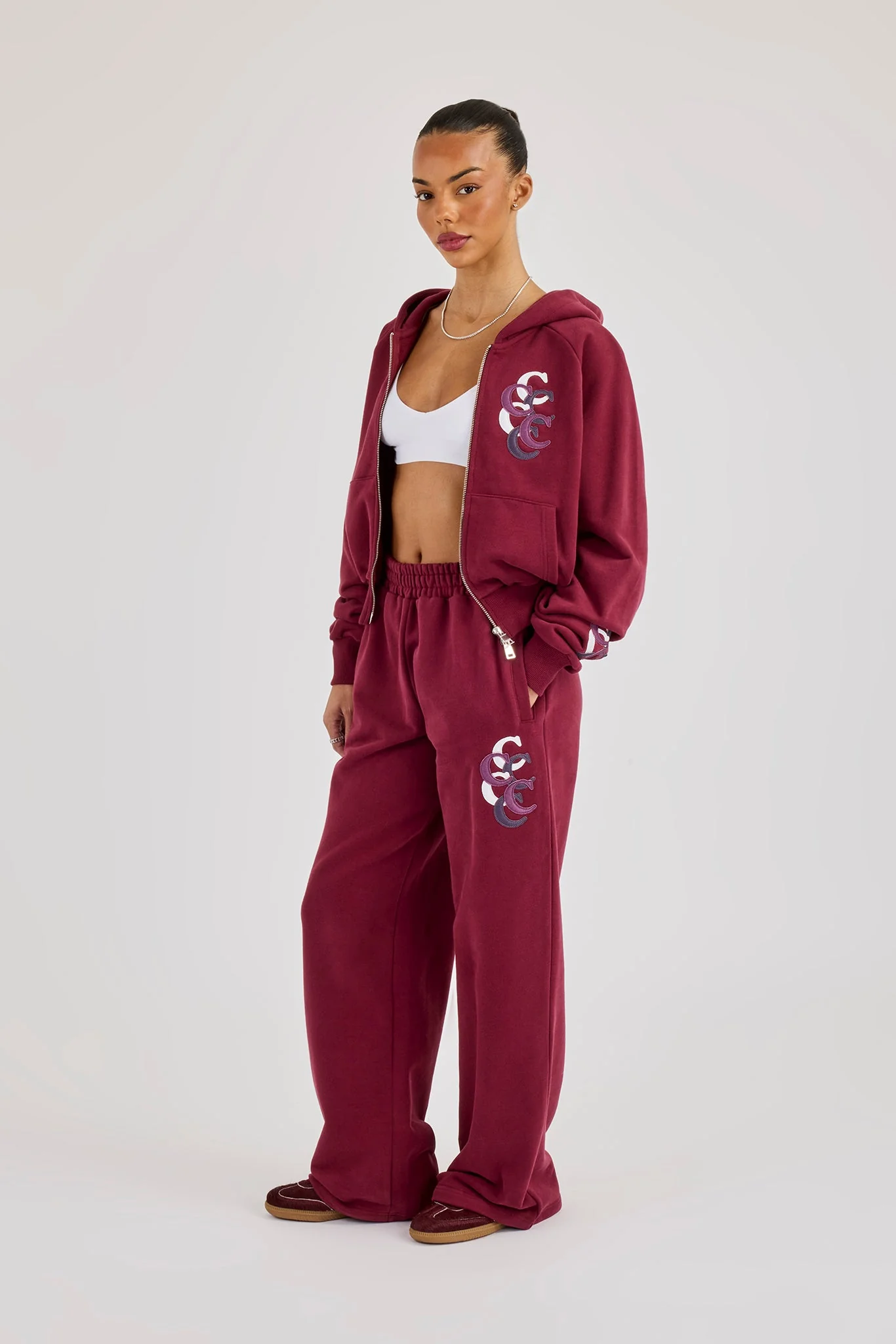 Cropped Layered Applique Zip Hoodie & Wide Leg Jogger - Burgundy - Image 2