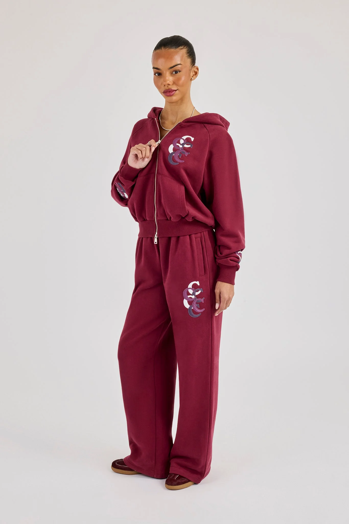Cropped Layered Applique Zip Hoodie & Wide Leg Jogger - Burgundy - Image 4