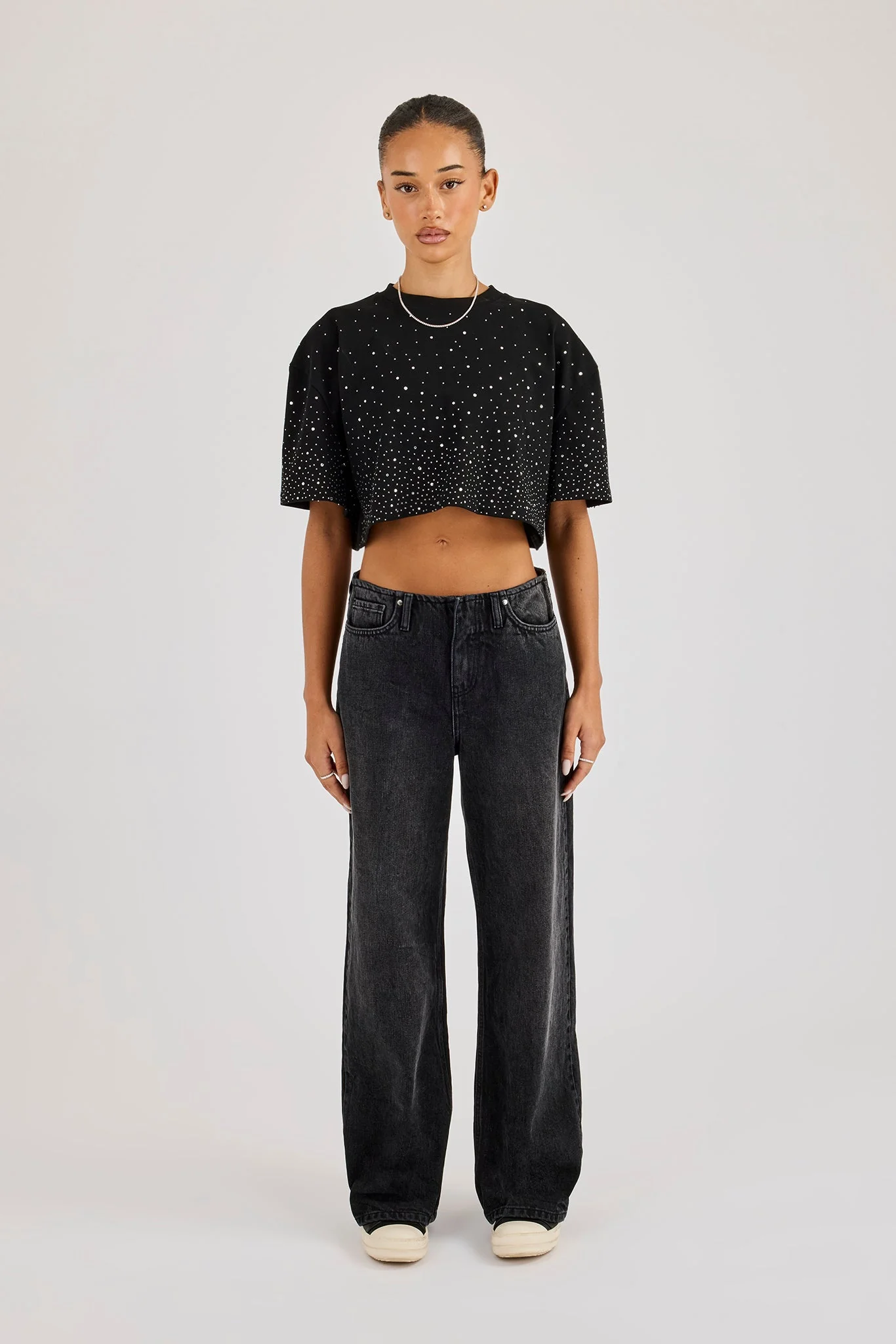 Cropped Rhinestone T-Shirt - Black - Image 4