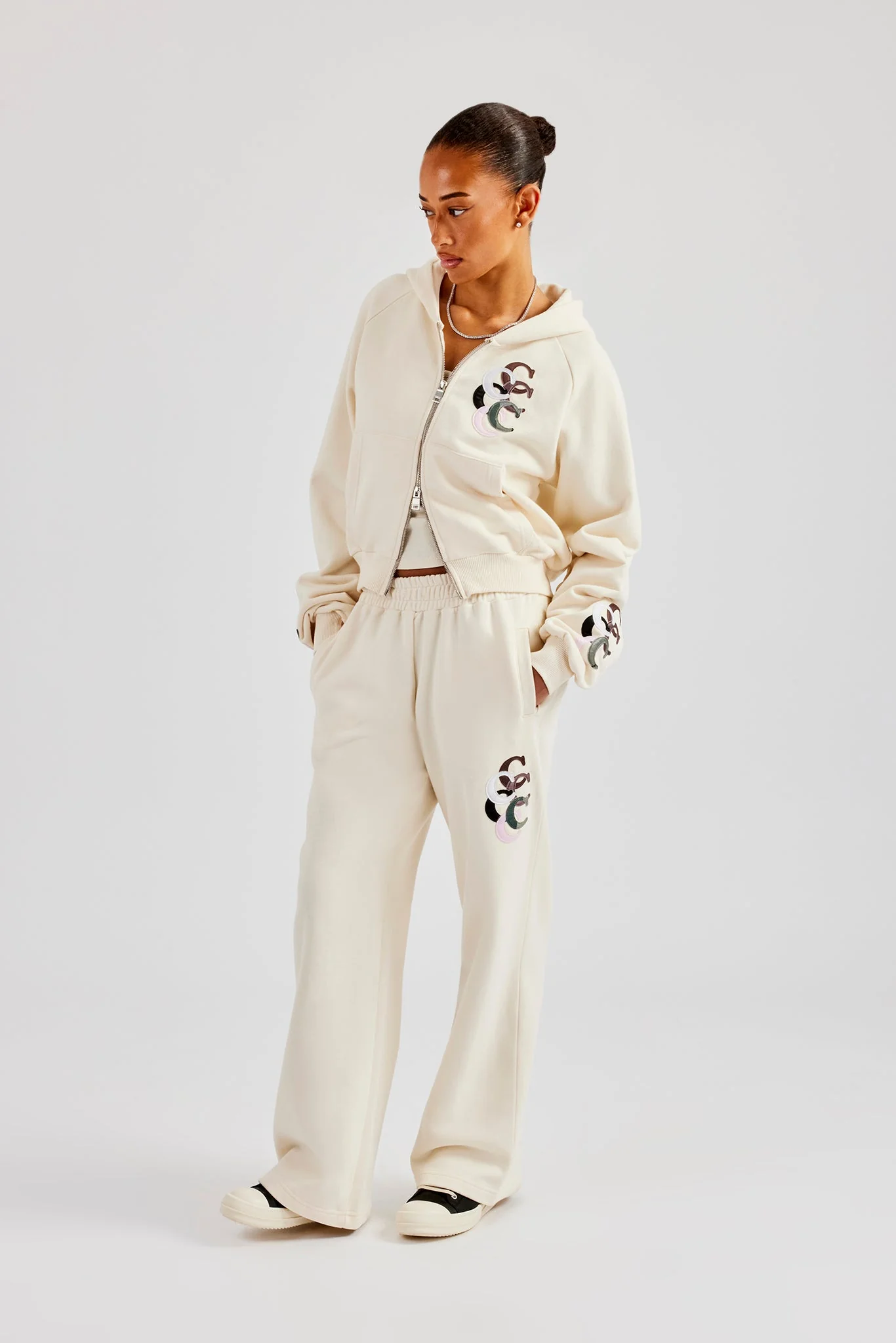 Cropped Washed Layered Applique Tracksuit - Off White