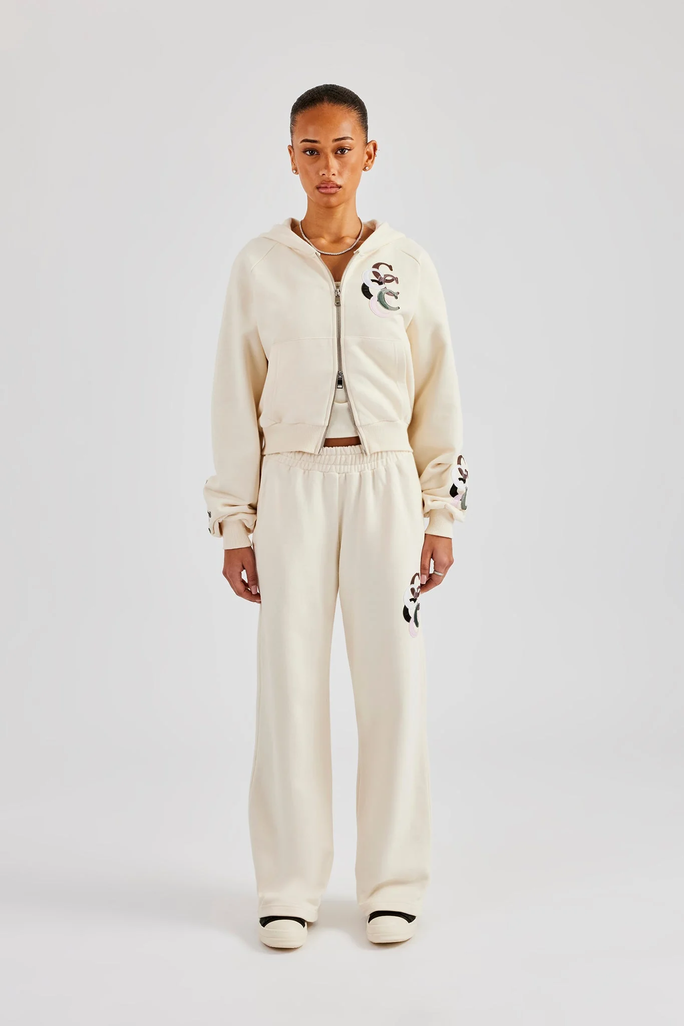 Cropped Washed Layered Applique Tracksuit - Off White - Image 10