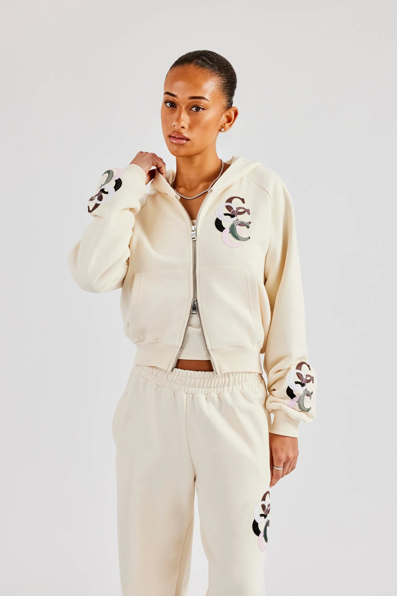 Cropped Washed Layered Applique Tracksuit - Off White - Image 2