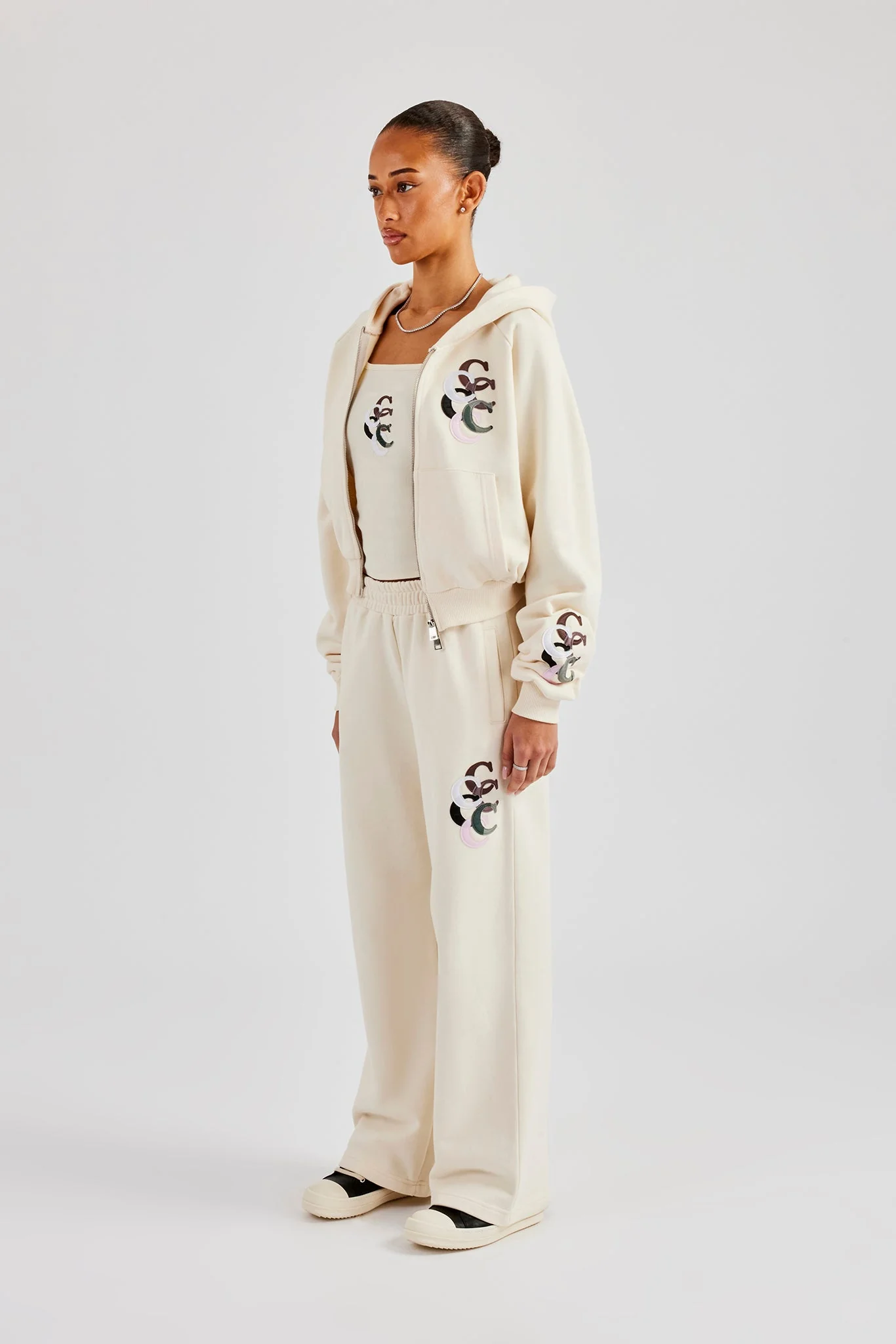 Cropped Washed Layered Applique Tracksuit - Off White - Image 7