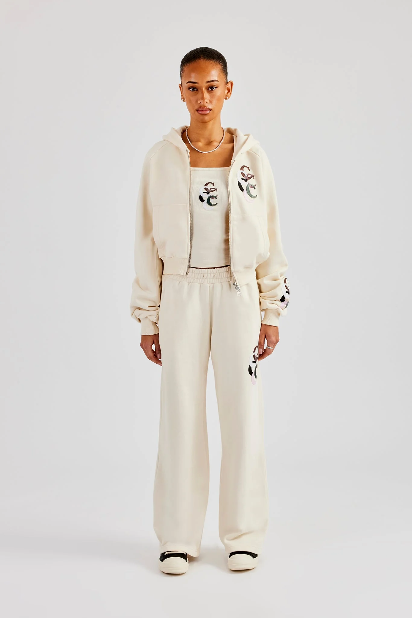 Cropped Washed Layered Applique Tracksuit - Off White - Image 9