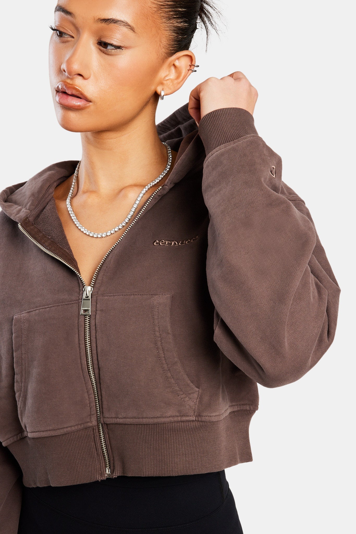 Cropped Zip Hoodie - Chocolate - Image 4