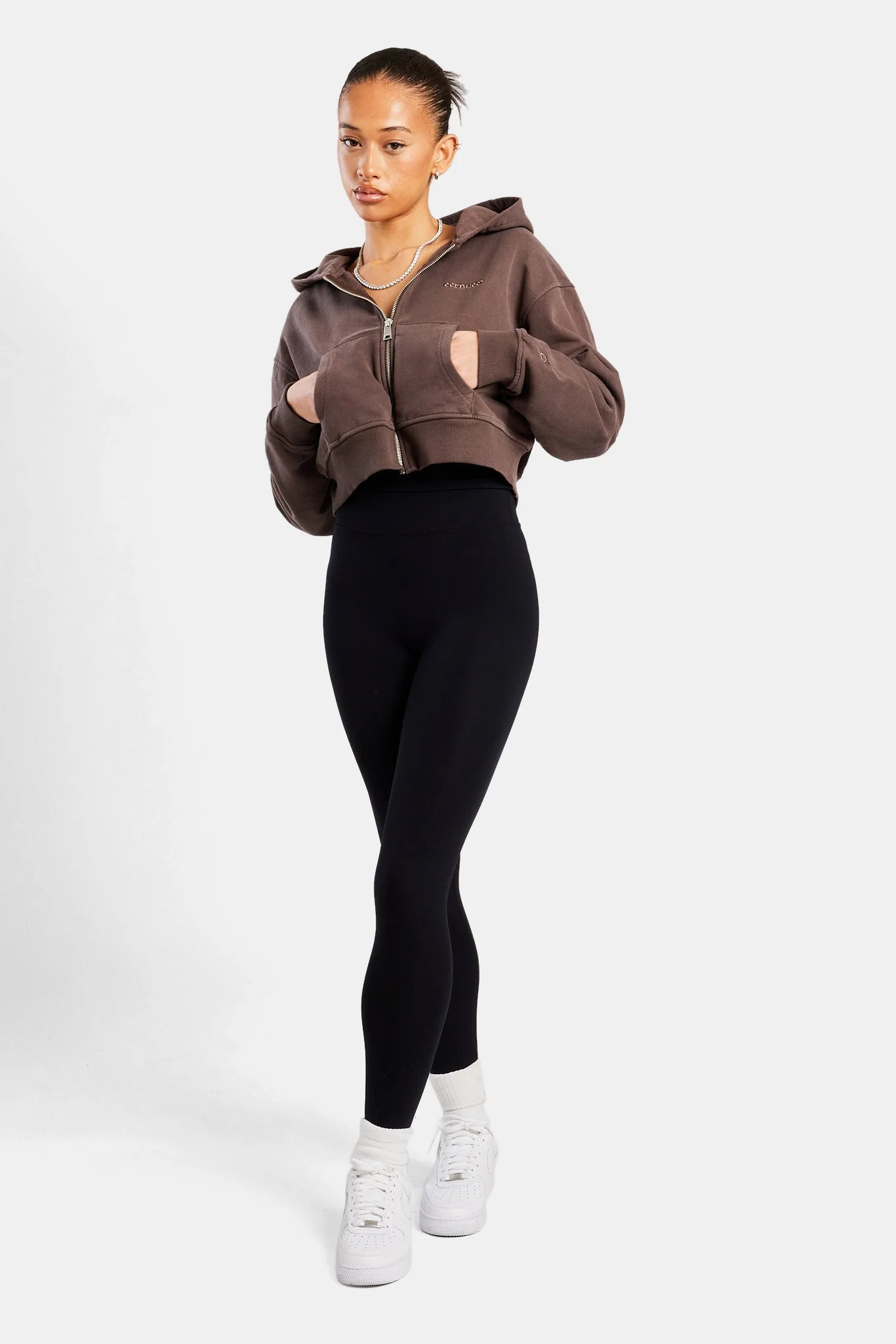 Cropped Zip Hoodie - Chocolate - Image 5