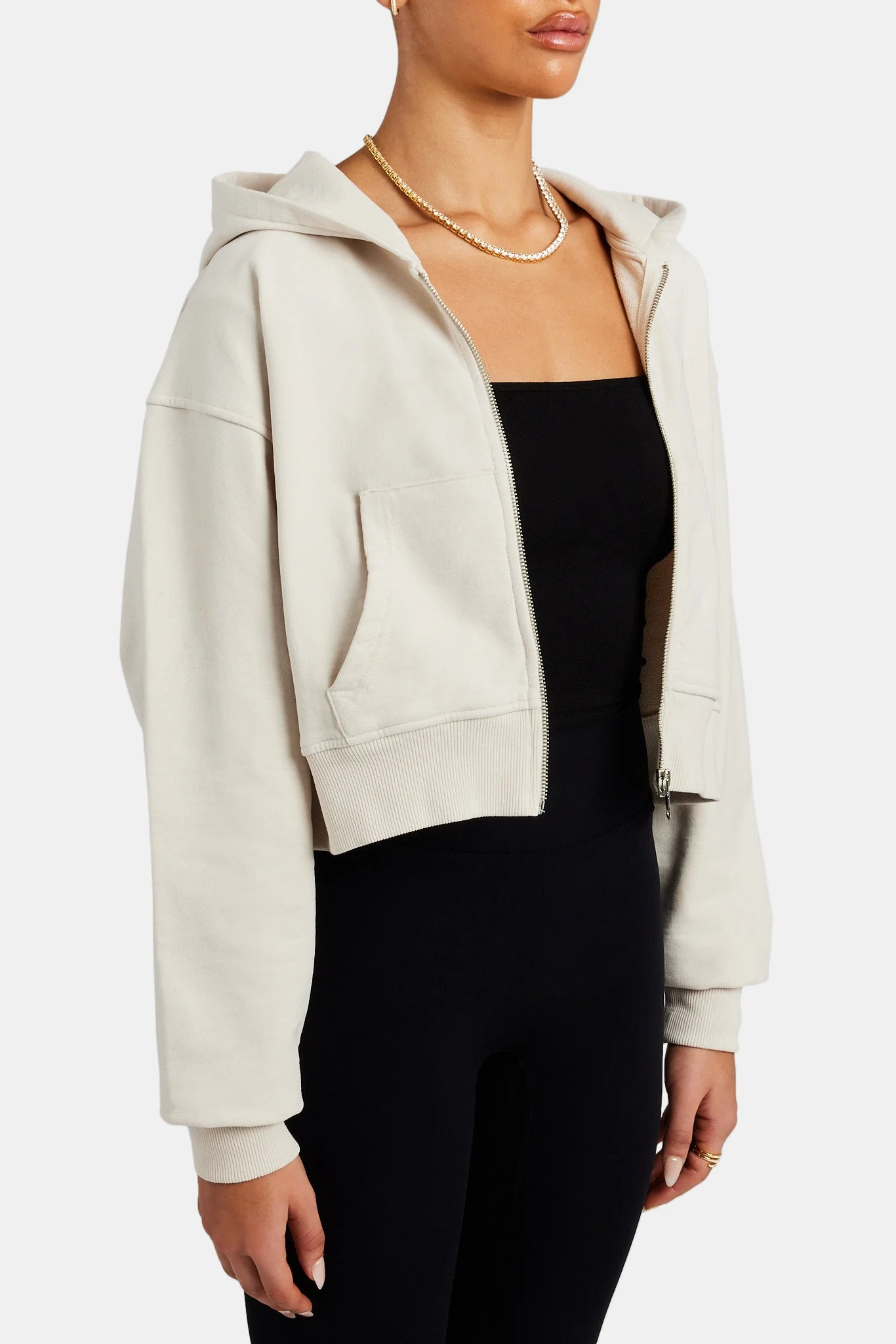 Cropped Zip Hoodie - Stone - Image 3