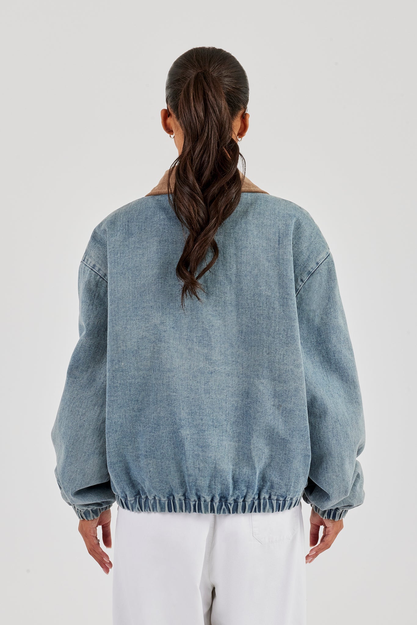 Denim Bomber Jacket With Twill Collar - Light Blue - Image 3