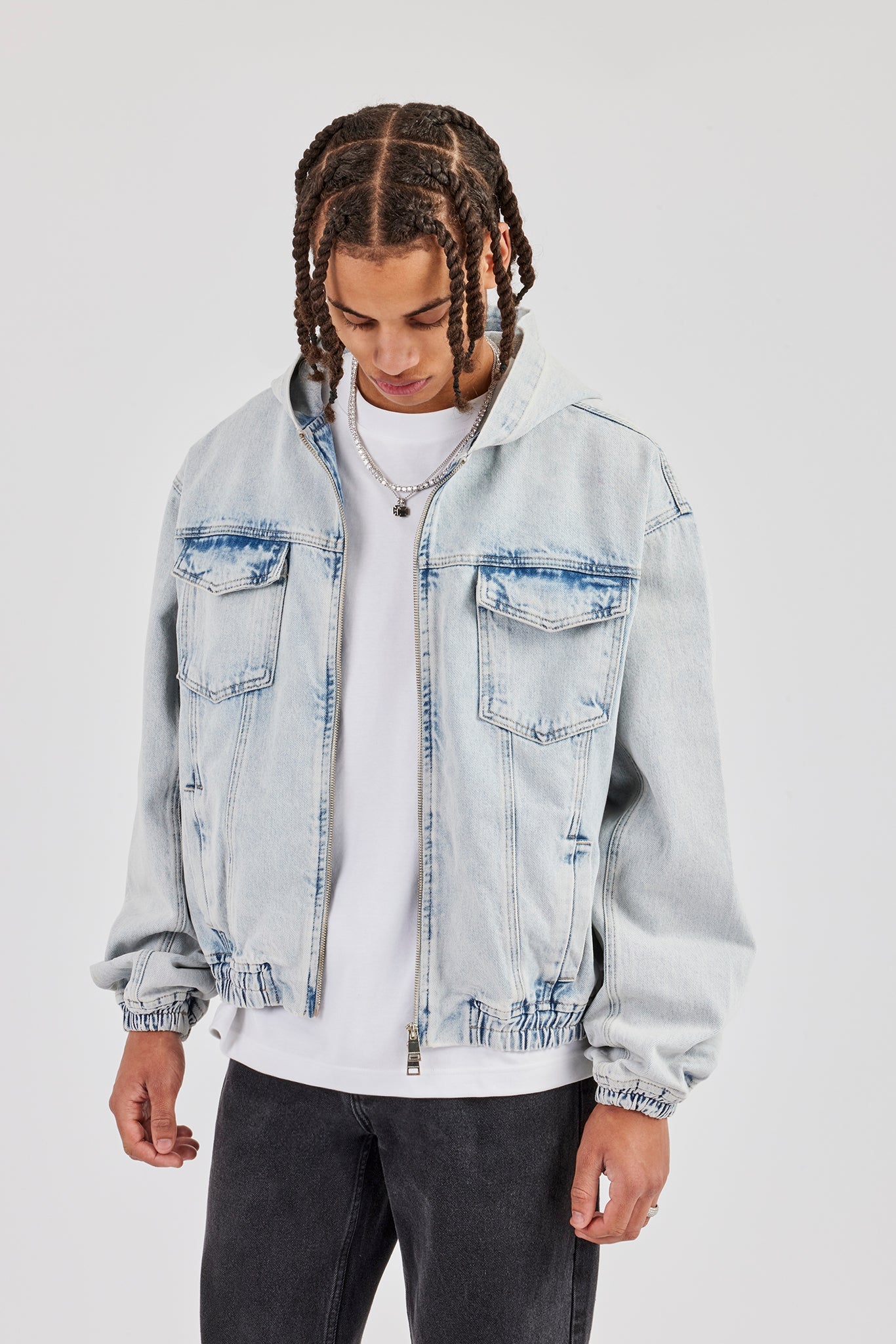 Denim Boxy Fit Zip Hoodie - Ice Blue - Image 4
