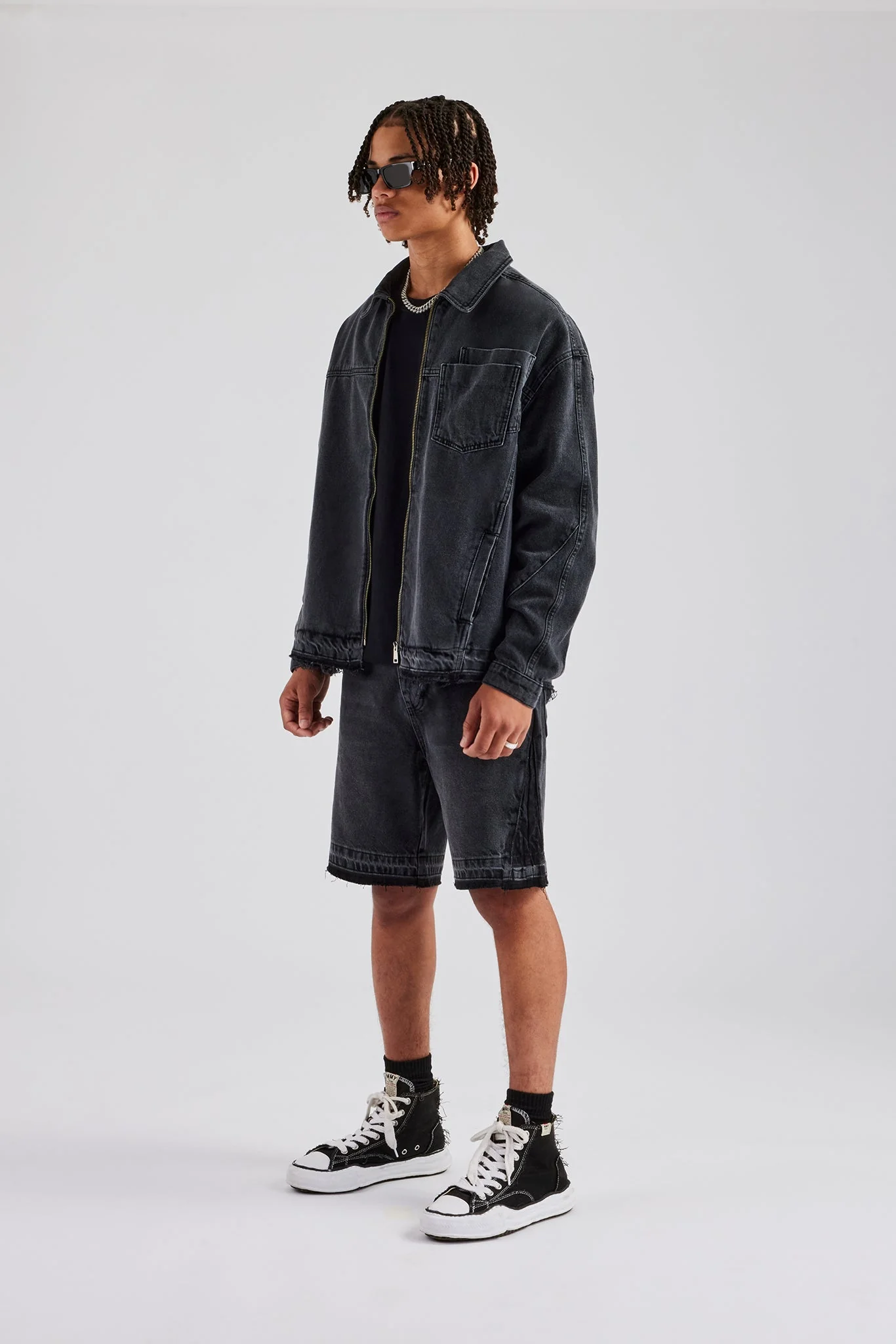 Denim Zip Jacket & Panelled Short Set - Washed Grey - Image 2